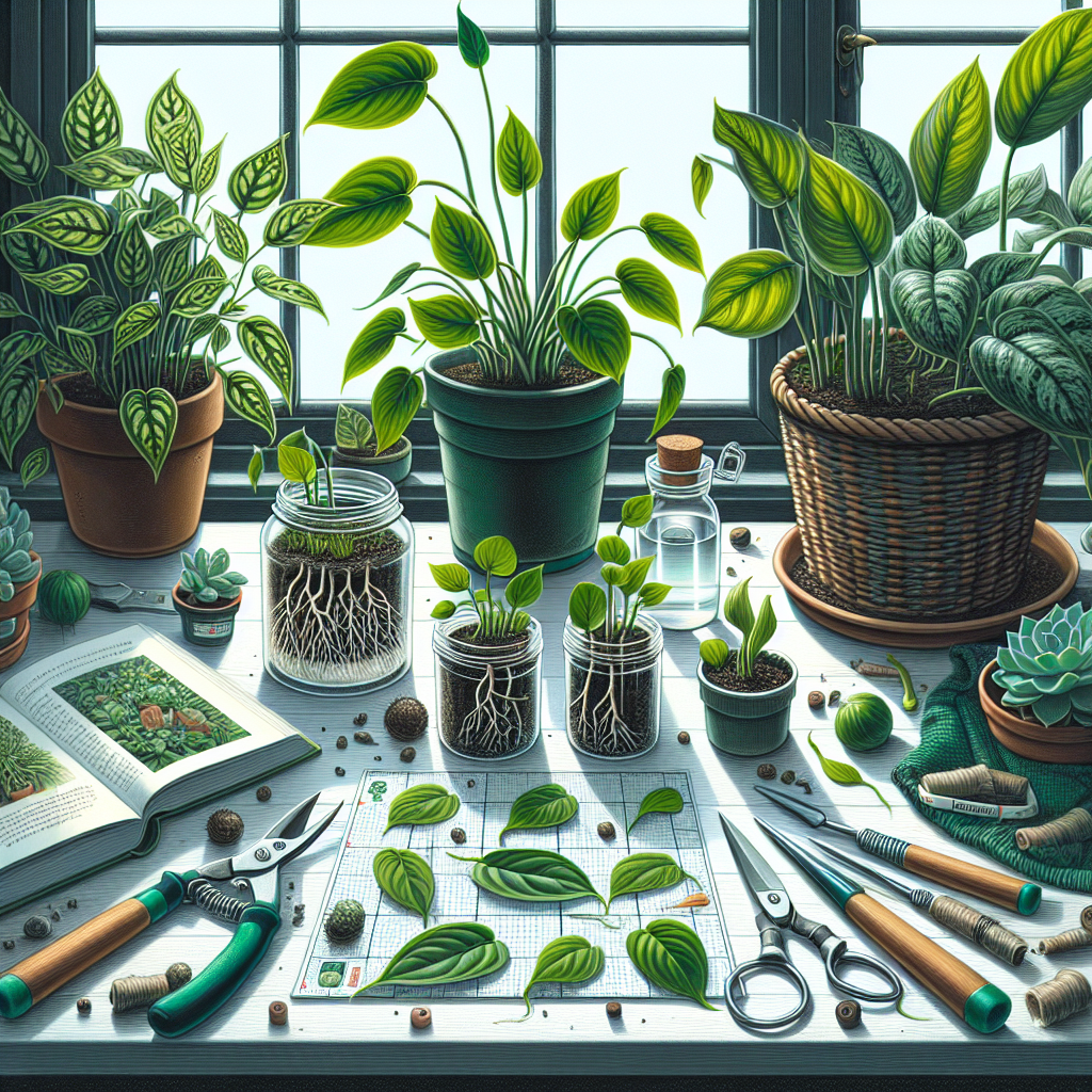 A detailed and informative illustration focusing on the process of indoor plant propagation. The scene is set up on a well-lit windowsill. There are various healthy houseplants like a potted pothos, a snake plant, and a spider plant. Each plant possesses a few cuttings that have begun to root in a clear glass jar filled with water. Nearby, there's a mat with a selection of succulents leaf cuttings starting small rosettes, ready for planting. Tools such as gardening shears, a hand trowel, and gardening gloves are laid out on the table. In the background, a book on botany is open, and a watering can is resting nearby. Remember, all items in the image are unbranded.