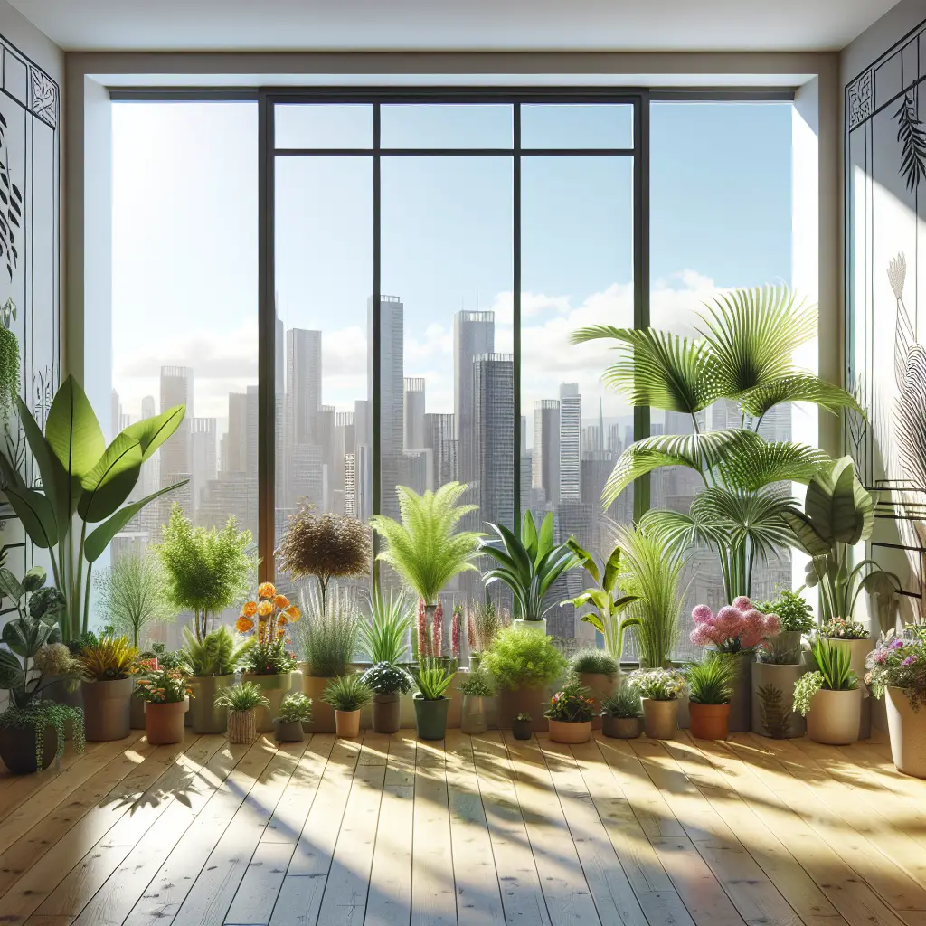 Visualize an urban home setting with a window sill brimming with lush verdant plants. The window sill is teeming with various potted plants, including tall leafy ferns, colorful flowering flowers, and aromatic herbs. Sunlight is pouring in, bathing the plants in a warm glow. The room interior is modern, with minimalist furnishing. On the walls, there are chic, art deco-style illustrations. The window beyond, provides a panoramic view of the cityscape, with towering skyscrapers under a clear blue sky. Important: The illustration must not contain any text, people, brand names, or logos.
