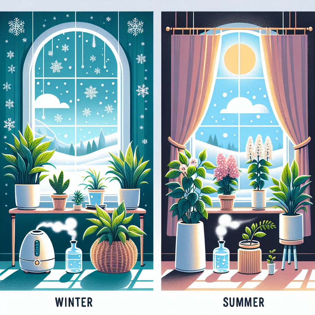 An illustrative comparison between indoor plants care during winter and summer. On one side, visualize a cozy winter scene featuring indoor plants with their leaves slightly drooping, surrounded by snowflakes visible outside a window. Notice healthy plant interaction with a humidifier producing steam representing moisture retention. On the other side, depict a vibrant summer care scene with blooming indoor plants standing tall, basking under a drawn curtain letting in ample light, a small water can nearby to signify adequate watering. Remember, no people, text, or brand names should be included.