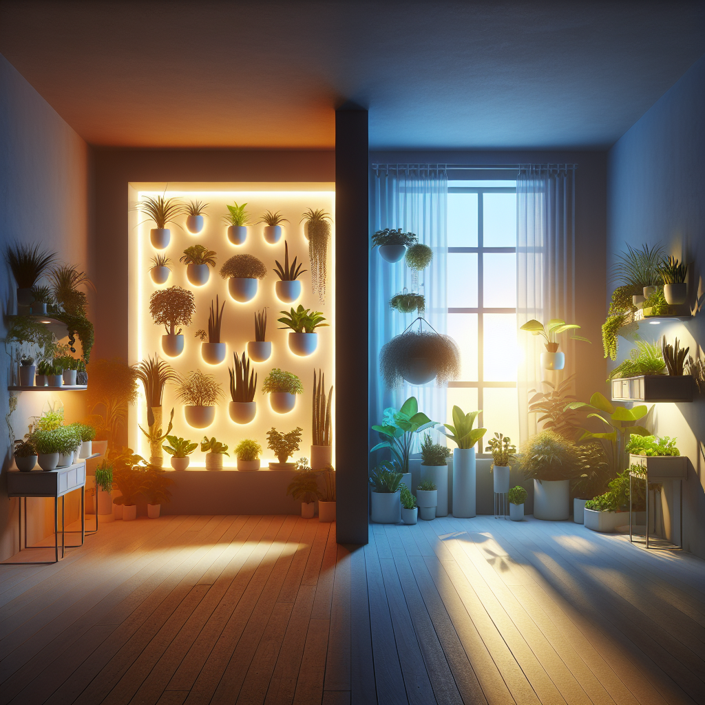 An image showcasing two setups for indoor plants, divided by an imaginary vertical line in the centre. On the left side, portray an array of different types of indoor plants under the warm glow of an LED light, emanating a soft bluish-white light. No specific brand or logos should be visible. On the right side, a similar setup: a range of indoor plants basking in the natural light from a large window during a sunny day. Both sides should highlight the health and vibrancy of the plants, and the difference in ambiance between artificial and natural light.