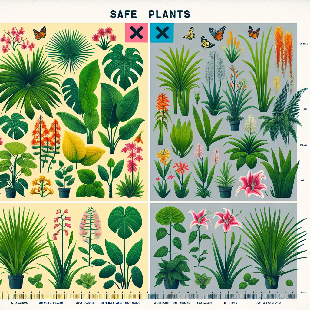 An illustrated guide divided diagonally with two different sections. One section depicting lush, brightly colored safe plants with features like big green leaves, vibrant flowers, and full branches that are known to be safe for pets, such as spider plants, areca palms, and boston ferns. The other section features various toxic plants which are potentially harmful to pets, depicted distinctly with muted color tones, including plants like sago palm, oleander, and lilies. No text or brand logos are included in the scene.