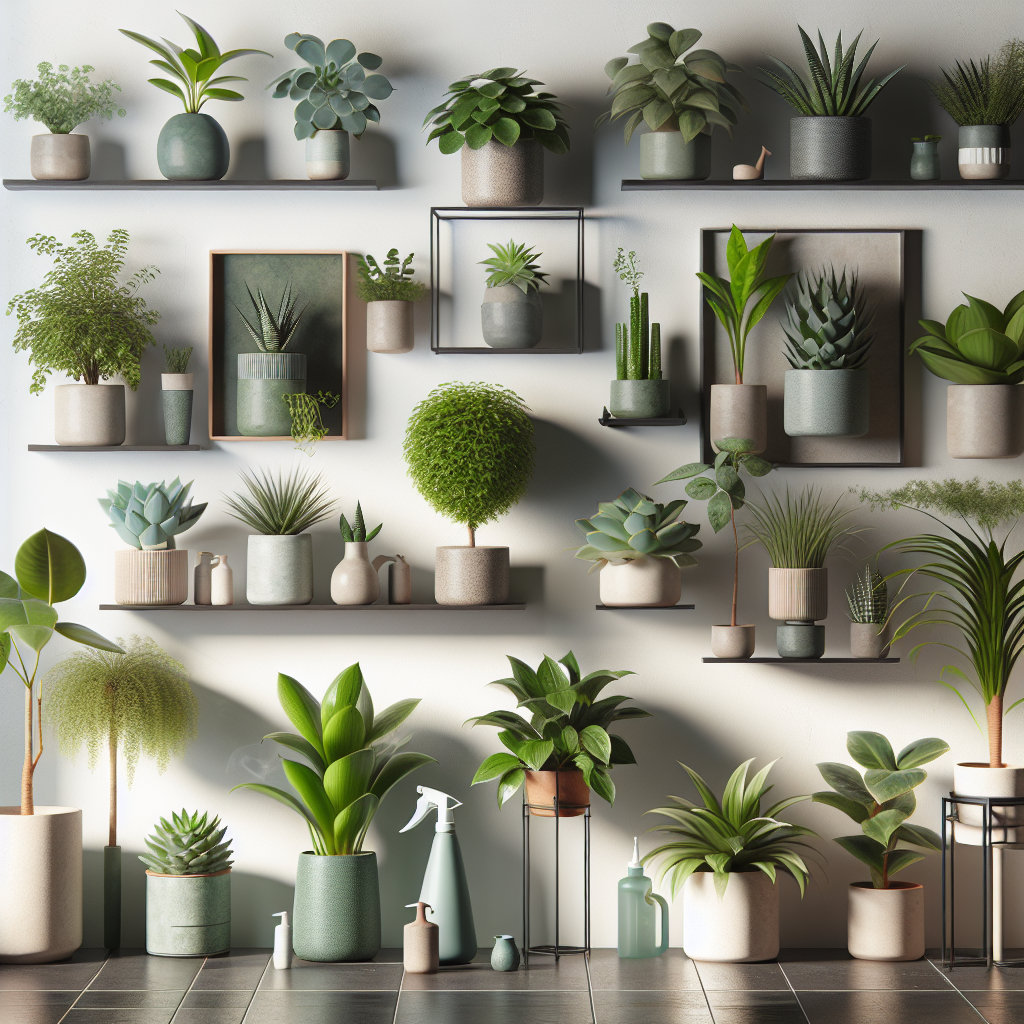 An array of various indoor plants known for their air-purifying properties. The plants range from small succulents to big leafy greens, occupying different, generic, non-branded pots. The pots are arranged on shelves, stands, and floor, presenting a serene indoor garden. Close-ups of their leaves hint at the care taken in their keeping, with a misty spray bottle and generic watering can nearby, with no people in sight. There are no text, logos, or brand names visible anywhere in the image, affirming a focus solely on the care, aesthetics, and function of these plants.