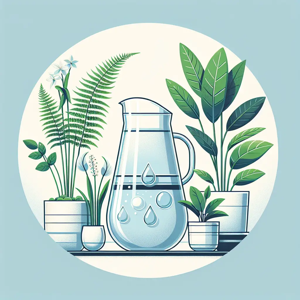 An informative illustration of various indoor plants such as ferns, peace lilies, and rubber trees residing near a crystal clear glass jug filled with clean water. The emphasis is on the relationship between these plants and water quality. To demonstrate this, illustrate one plant flourishing next to the jug, while another appears slightly wilted away, indicating the importance of water quality in indoor plant care. Ensure the setting depicts a modern indoor environment without the presence of any people or brand logos.