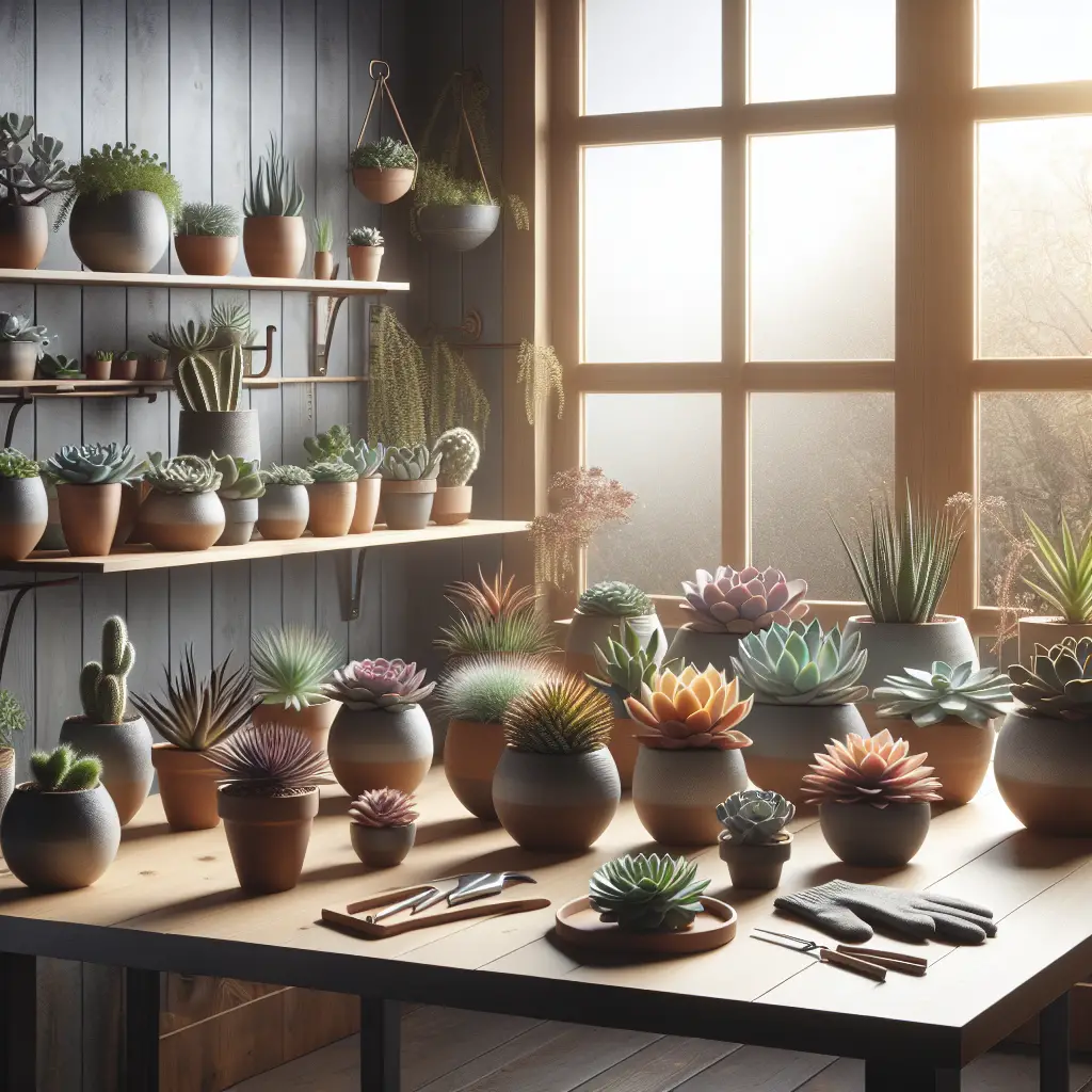 An indoor setting featuring a variety of succulent plants in a range of shapes, colors, and sizes. The succulents are placed in neutral-toned unbranded ceramic pots, placed on wooden shelves, windowsills, and tables. The room is bathed in natural light coming from the windows to emphasize the correct lighting conditions required for succulents. Additionally, it should incorporate essential care tools such as a watering can, a pair of gloves, and a trimming tool, all devoid of text or brands. The aesthetic should reflect a peaceful and serene atmosphere conducive to plant growth.