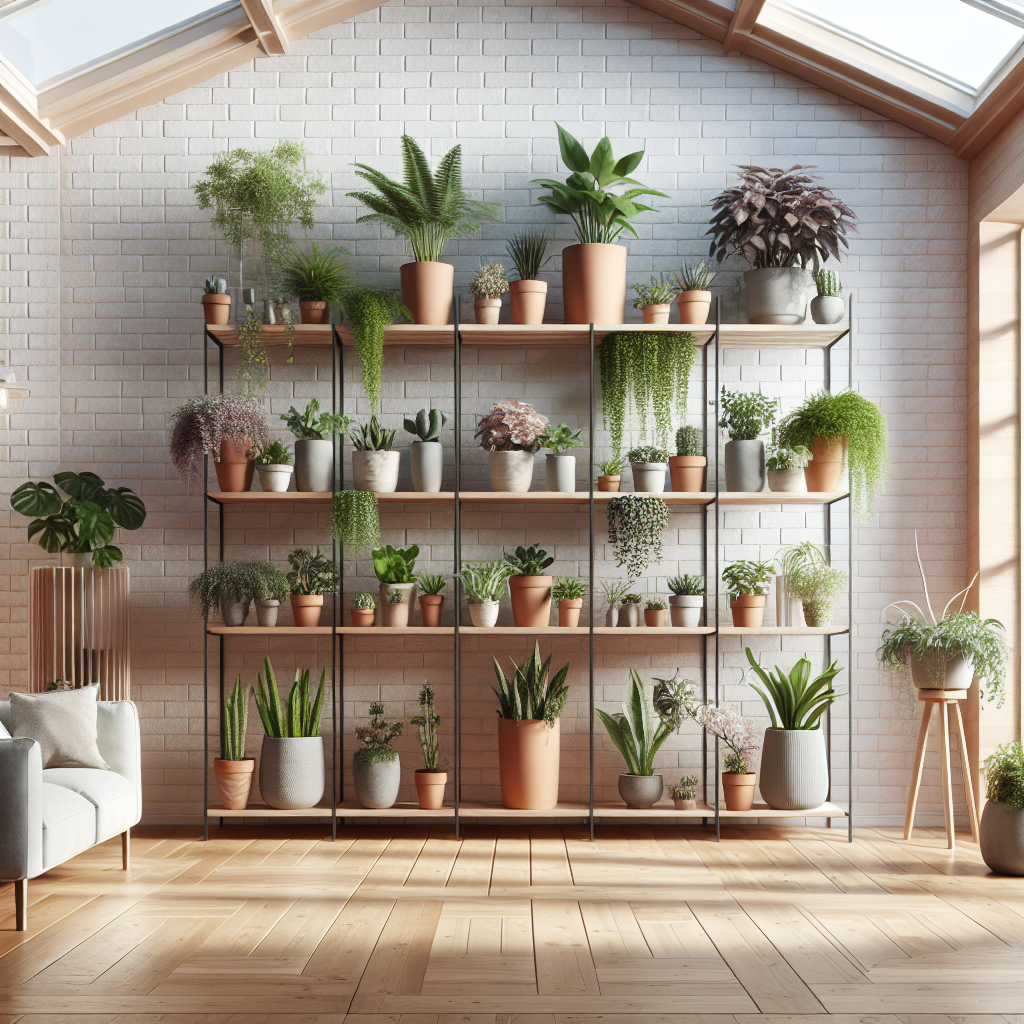 Vertical indoor gardening setup with multiple layers of potted plants arranged on a wooden ladder against a pale brick wall. Display a variety of plant species such as ferns, ivy, and succulents for a touch of greenery. The pots are terracotta and grey, with no text or brand markings. The room surrounding the garden setup is light-filled, welcoming, showcasing a minimalistic design, hardwood flooring, and nondescript furniture like a white sofa in the corner. A glass ceiling allows sunlight to filter in, casting a warm and effusive light into the room.