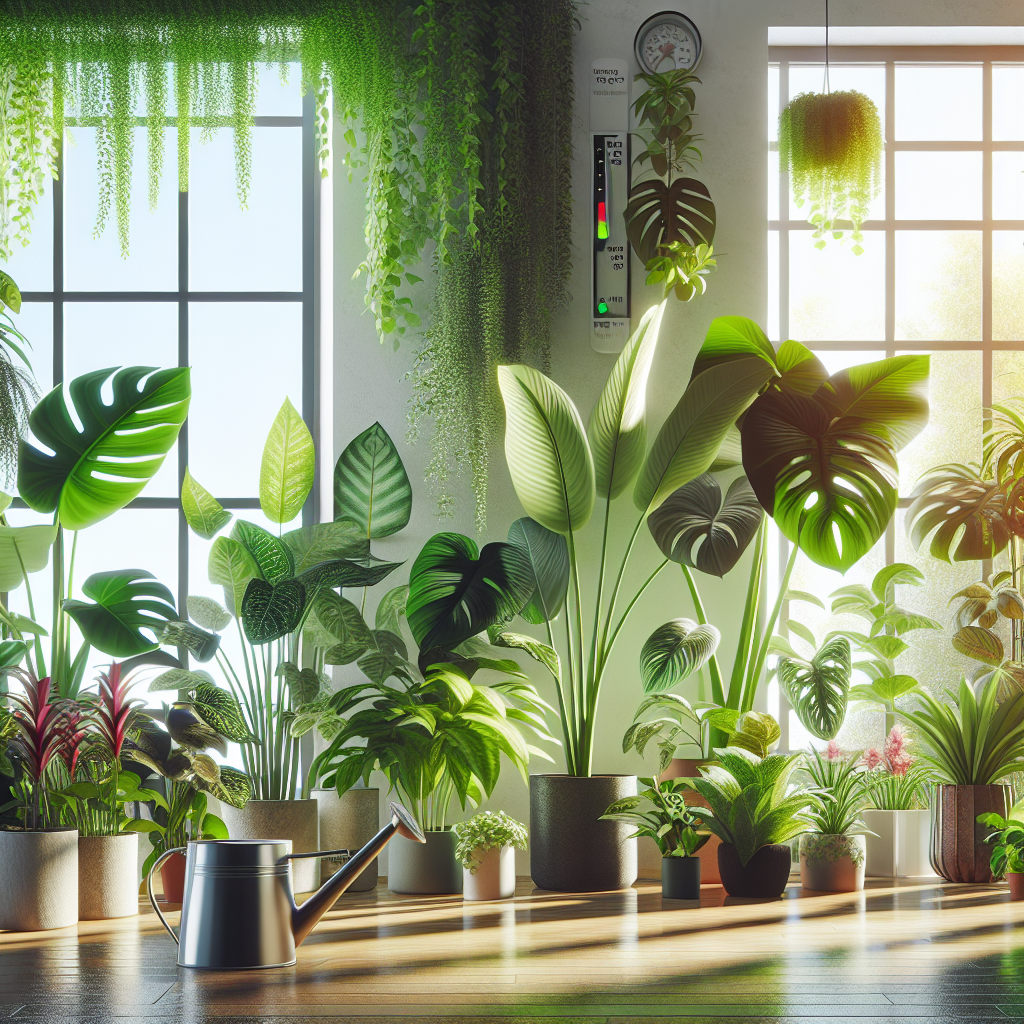 Imagine a variety of lush and vibrant indoor tropical plants flourishing in a bright, airy room. Sunlight is streaming in from a large window, highlighting the green leaves. Various types of exotic plants like a Monstera, a Peace Lily and a Fiddle Leaf Fig can be seen, each receiving appropriate care. A modern watering can is placed on the floor and a temperature and humidity monitor can be seen, but no people are present in the image. This scene is devoid of any text and logos.