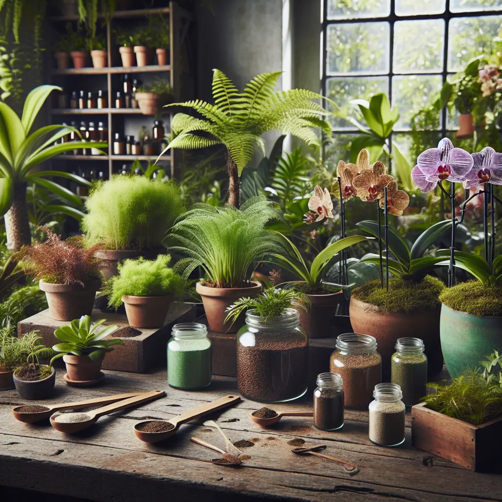 A display of various organic indoor plants, each thriving, lush, and vibrant in color. The plants range from verdant ferns to exotic orchids. They are situated within a well-lit indoor environment with natural light streaming through large windows. Nearby, on a rustic wooden table, lie open containers of organic fertilizers and natural pesticides, their contents poured onto small, wooden measuring spoons. No labels or brands can be seen, and there are no people or text in the scene. The fertilizers and pesticides have an earthy color palette, highlighting their organic nature.