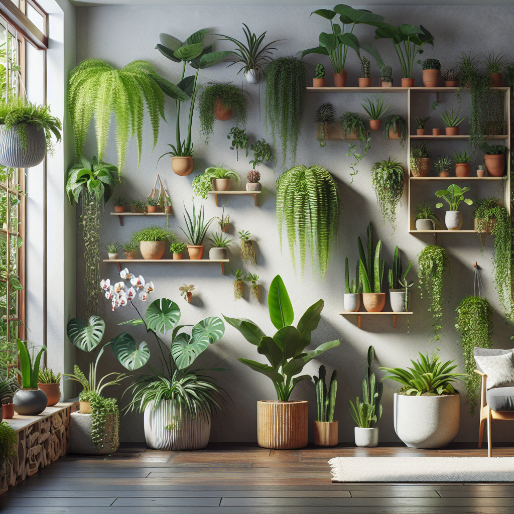 A tastefully designed indoor garden, featuring a variety of plants of different shapes and sizes. Lush foliage cascades from wall-mounted pots, a patch of succulents sits by the window, and low-lying fern spread across the floor. A tall monstera delicately breaks up the space, while a few blooming orchids infuse a touch of color. An eco-friendly wooden shelf houses miniature cacti and spider plants. The garden perfectly balances structure and growth, demonstrating an eye-catching aesthetic that embodies tranquility and natural beauty, without containing any people, brand names, logos, or any form of text.
