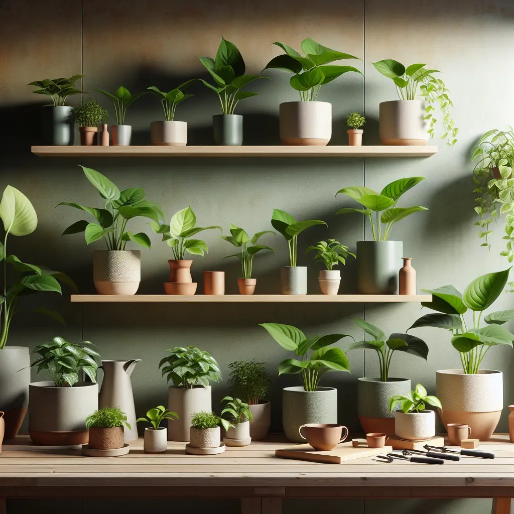 A well-lit indoor setting featuring a variety of healthy philodendron plants in minimalistic, unbranded ceramic pots. The plants are prospering despite the low light conditions, boasting vibrant green leaves. There's also a simple, wooden-shelf in the backdrop that has several philodendrons at various stages of growth. Interspersed among the plants, there are some common gardening tools like pruning shears and watering cans, indicating care and maintenance. Remember, there are no people or text present in the scene, respecting the tranquility and focus on the plants themselves.