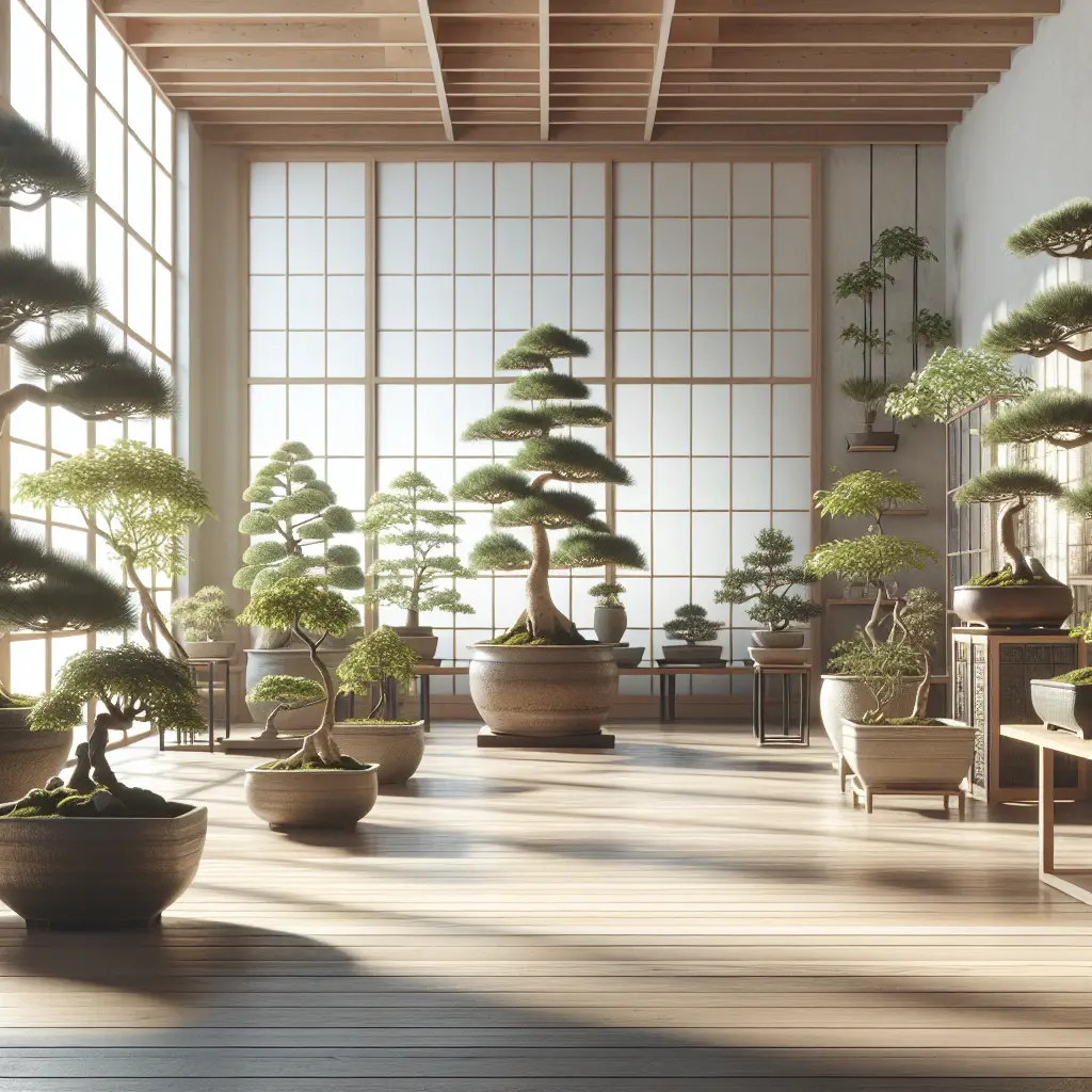 A tranquil indoor environment filled with a variety of elegant bonsai trees. Each specimen is meticulously pruned to showcase its unique aesthetic. There are cascading, upright, and slanting bonsais, each perched in artisanal clay pots without any brand names. The room is airy and bright, with sunlight streaming in from large windows. The room's decor is minimal, with no distractions from the bonsai trees. Everything in the room is generic and unbranded. There are no people or text visible anywhere.