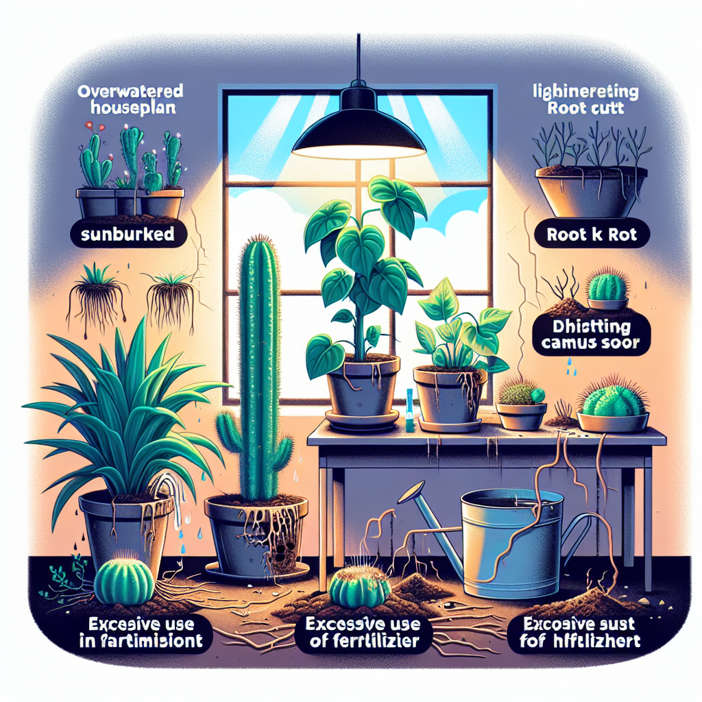 A visually informative illustration highlighting typical pitfalls in indoor gardening. The scene displays an overwatered houseplant with wilting leaves and root rot, situated next to a dry cactus with shriveling stem indicating neglect. Additionally, there's a plant on a windowsill getting sunburnt, and another within a dim corner, exhibiting signs of inadequate light. Lastly, there's an improperly repotted plant with roots jutting out and disarrayed soil around. There's also a depiction of excessive use of fertilizer producing a toxic soil environment. No text, brand names, logos, or people are included.