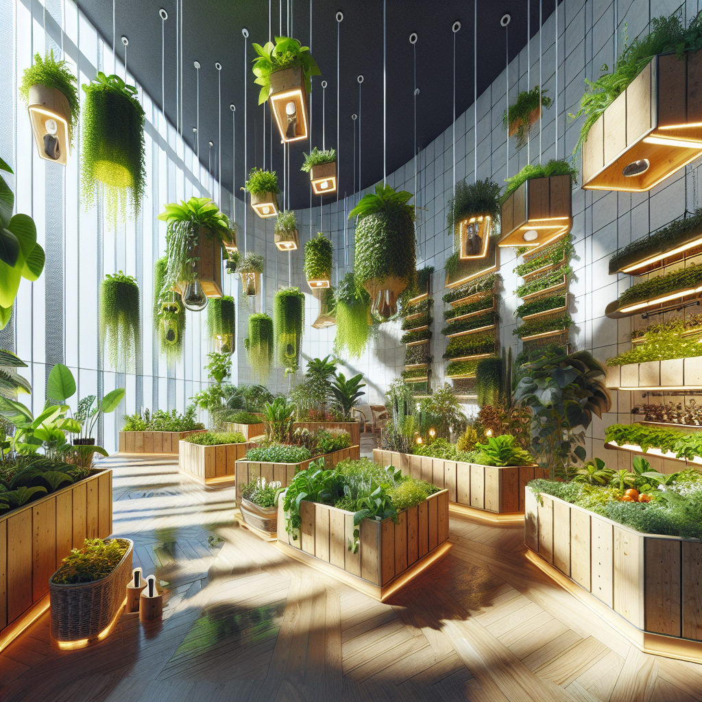 A view of an indoor garden depicting sustainable practices. This lush indoor ecosystem is filled with vibrant, leafy green plants in repurposed wooden box planters. From the ceiling, hanging planters made from reused containers nurturing trailing plants sway slightly. A self-watering system with reused materials funnels water to the plants, ensuring optimal hydration. Sunlight streams through a large window, and strategically placed mirrors reflect the light to ensure every plant receives sufficient amounts. LED light bulbs that are eco-friendly and energy efficient provide additional illumination. There are no people, text, brand names, or logos in the image.