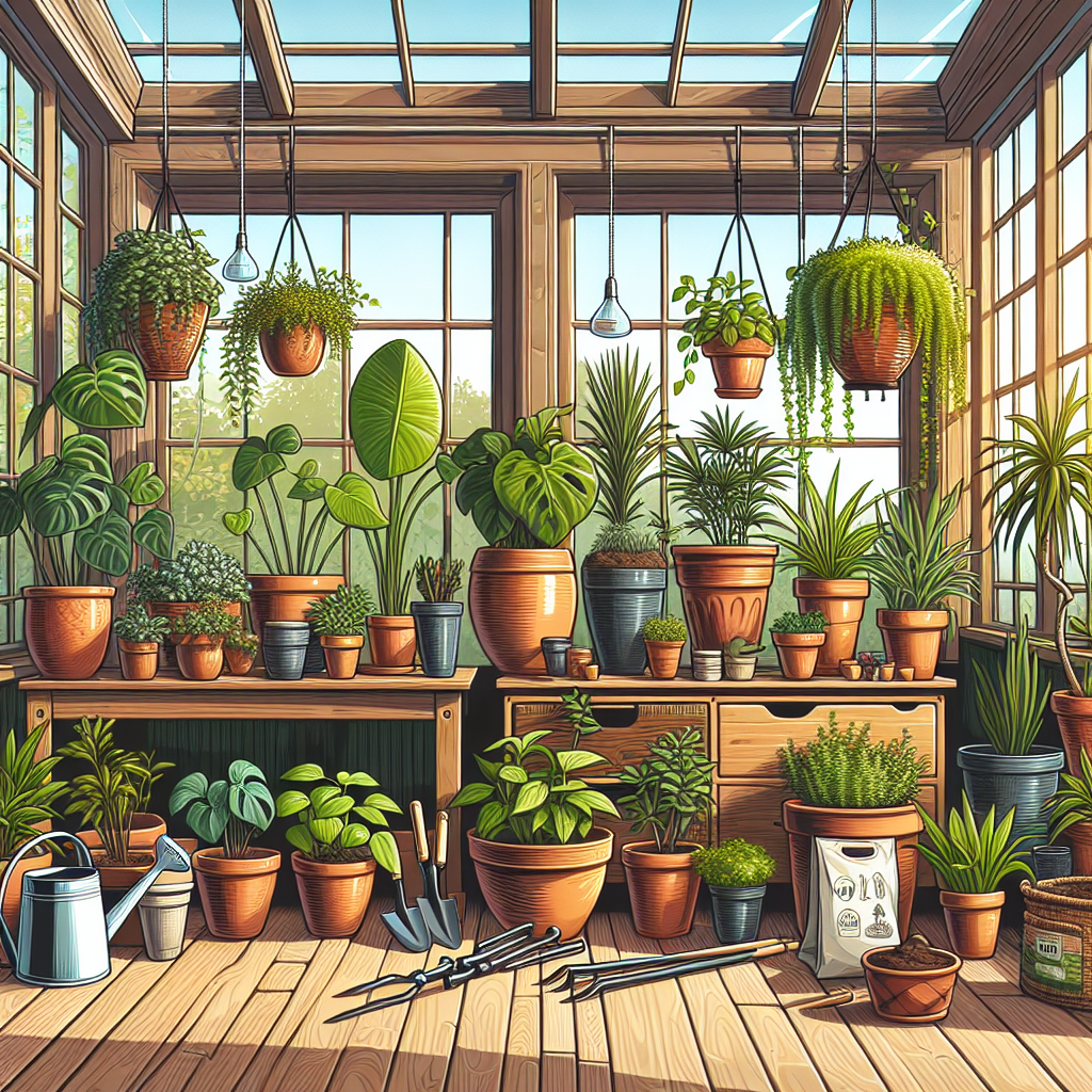 Illustration that perfectly depicts the concept of indoor gardening for amateurs. The picture features a welcoming, sun-filled room with large windows and wooden flooring. In the room, there are numerous pots of various sizes, all hosting a variety of lush green plants. Each pot is distinct, varying from hanging pots, wide bowls to tall terra cotta ones. An assorted range of gardening tools - a watering can, a pair of shears, a trowel, and a bag of soil - are neatly arranged on a wooden workbench, ready to be used. Please ensure all objects in the scene are free of text and brand logos.
