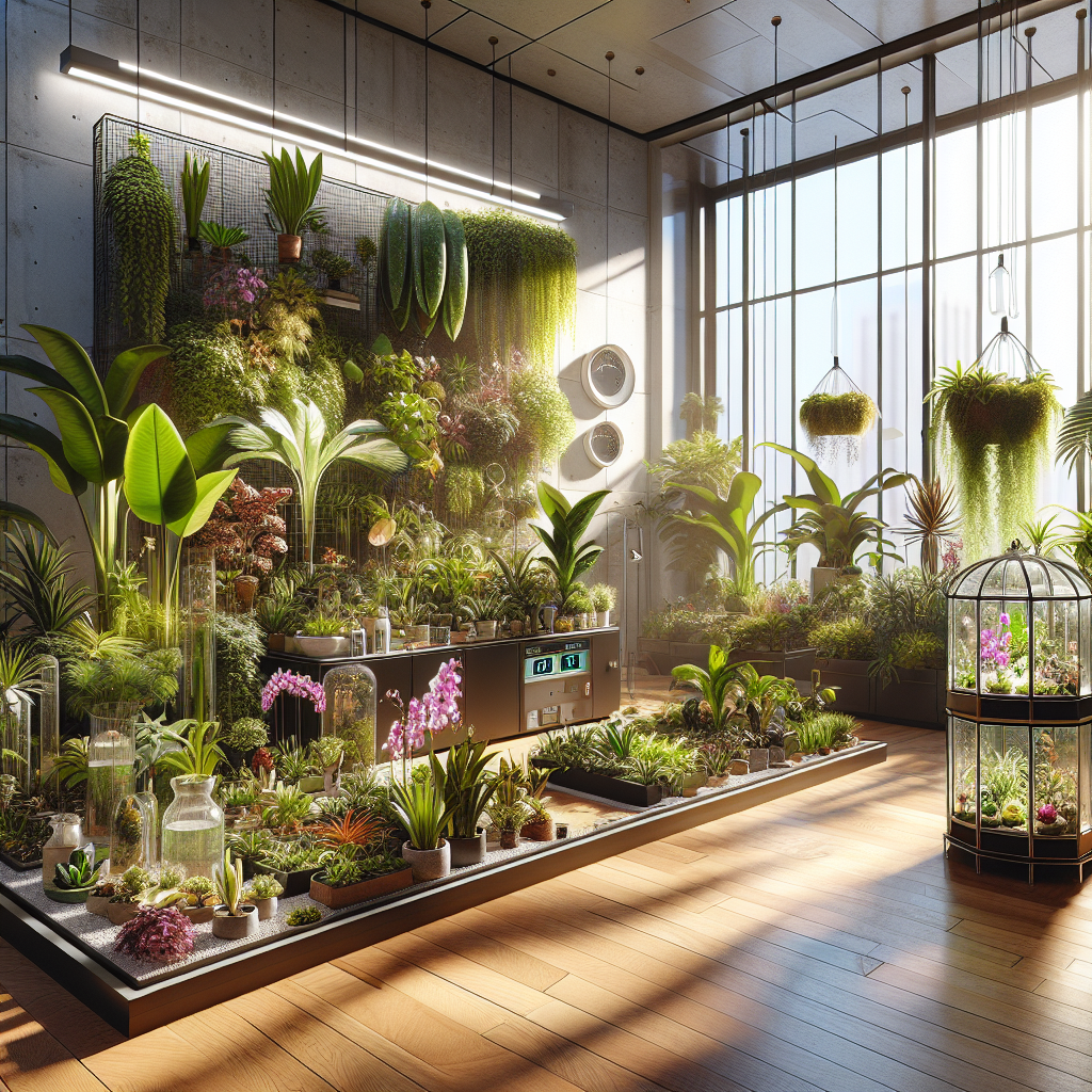 An exceptionally detailed and lifelike image of an indoor garden room. Filled with a diverse array of flourishing houseplants including ferns, succulents, ivies, and bonsais. The room has sleek wooden floors, the morning sunlight pouring in through the large windows illuminating the various plant leaves. Some plants are being irrigated by an in-built water system, others are under a specially designed LED light. In one corner stands an elegant terrarium containing exotic orchids. The room also features a few scientific essentials such as a humidity meter, a temperature gauge and a soil pH tester, but there are absolutely no people, text, or brand logos.