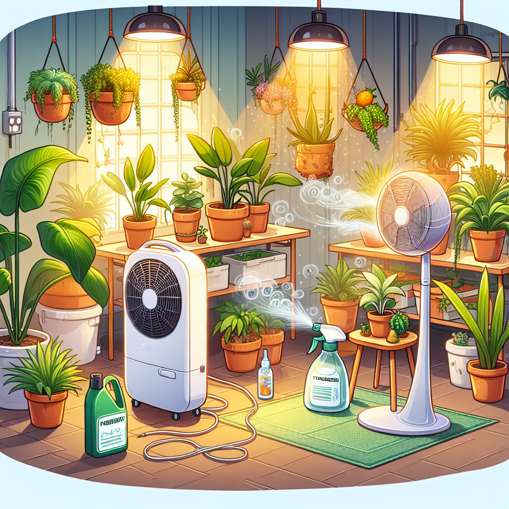 Illustrate an indoor garden scene where measures have been taken to combat mold and mildew. Display different types of houseplants being cultivated under warm artificial lights. Show a dehumidifier in the corner of the room pulling excess moisture out of the air, and a small, handheld, battery-operated fan helping to circulate the air and preventing fungal spores from settling. On a table nearby, show eco-friendly fungicides in plain containers without any text or brand logos. Remember, there are no people present in this image.