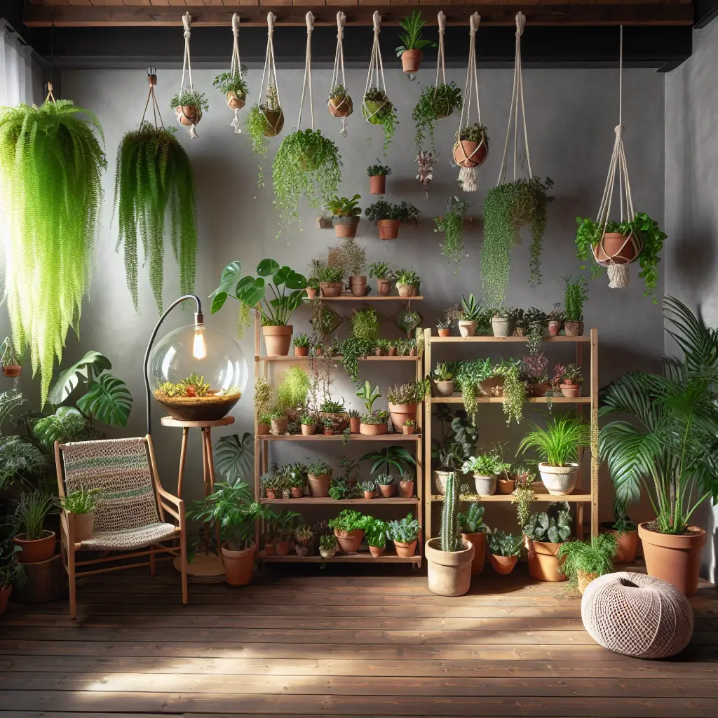 An indoor DIY garden showcasing various imaginative uses of space. On one side of the room, tall, lush ferns and vines create a green corner. In the center, there's a quaint, rustic wooden shelving unit filled with a mix of herbs and vibrant houseplants in simple clay pots. A terrarium with miniature succulents diverts attention at the end of the room. The remainder of the room features hanging plants on macramé plant hangers, cascading down beautifully. The light from an ambient coded sunlight lamp casts a warm, soft glow. No people, text, brand names or logos are present.
