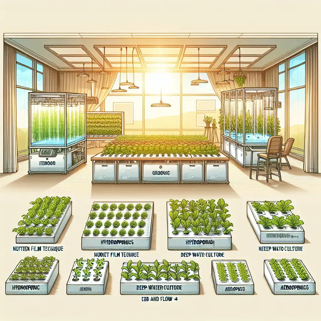 An illustration of various hydroponic systems meant for indoor gardening. Display different systems such as Nutrient Film Technique, Deep Water Culture, Ebb and Flow, and Aeroponics. Show the systems housed within a spacious indoor setup, possibly a room dedicated to indoor gardening. The room should be well-lit, with sunlight streaming through a large window, reflecting on the leafy greens thriving in the hydroponic systems. The setting should be pristine, with no text, people, brand names, or logos.