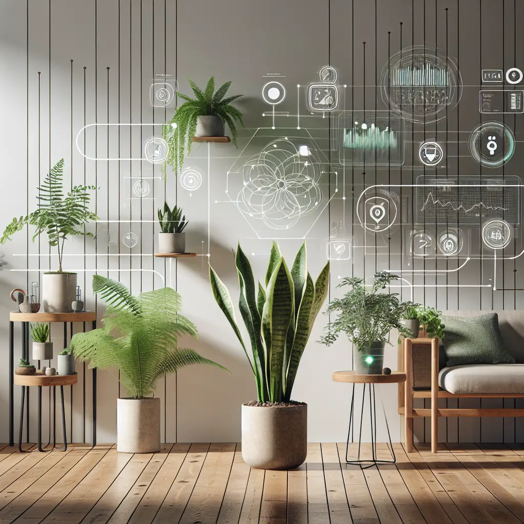 An image showcasing various household plants, such as a fern, a snake plant, and a rubber plant, surrounded by abstract representations of technology. This can include items such as sensors, screens displaying graphs and charts, and even high-tech watering systems. All these are depicted without any text or specific brands, focusing purely on the synergy between technology and plant care. The setting is a well-lit, modern interior space filled with combination of wood and white minimalist furniture to emphasize tranquility and growth.
