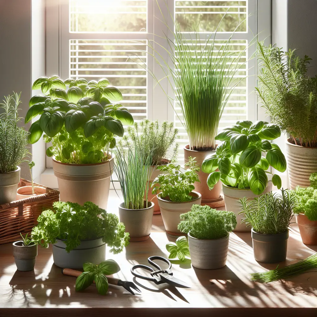 Various types of herbs are growing abundantly in small, neutral-colored pots inside a well-lit room. Sunlight is streaming in through a large nearby window, illuminating the greenery. There is a basil plant, flat-leaf parsley, chives, and rosemary basking in the light from the window. Near the assortment of herbs, a pair of gardening shears and a small watering can rest on a wooden table. Everything is free of text and brand names. Nothing alludes to the presence of any human. The image is clean, natural, and peaceful.