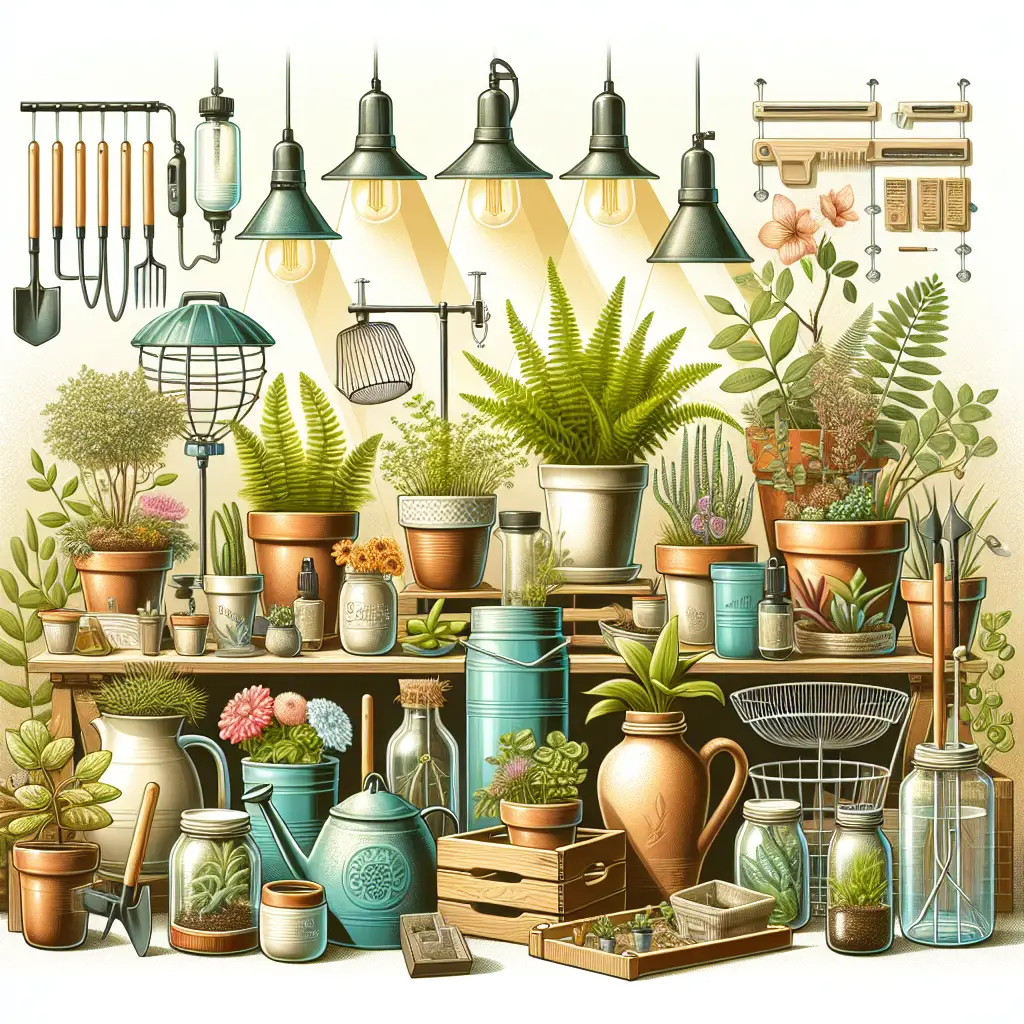 An illustrative depiction of indoor container gardening reflecting the concept of an ultimate guide. The image contains various types of containers like ceramic pots, mason jars and wooden boxes filled with an assortment of indoor plants like ferns, succulents, and flowering houseplants. Also featured are accompanying objects such as a drip-watering system, indoor grow lights, a small rake, and organic fertilizer, denoting various aspects of gardening. All elements are unbranded and have no text. The scene is set in a bright and sunny indoor environment, possibly a well-lit sunroom or conservatory, but devoid of human presence.