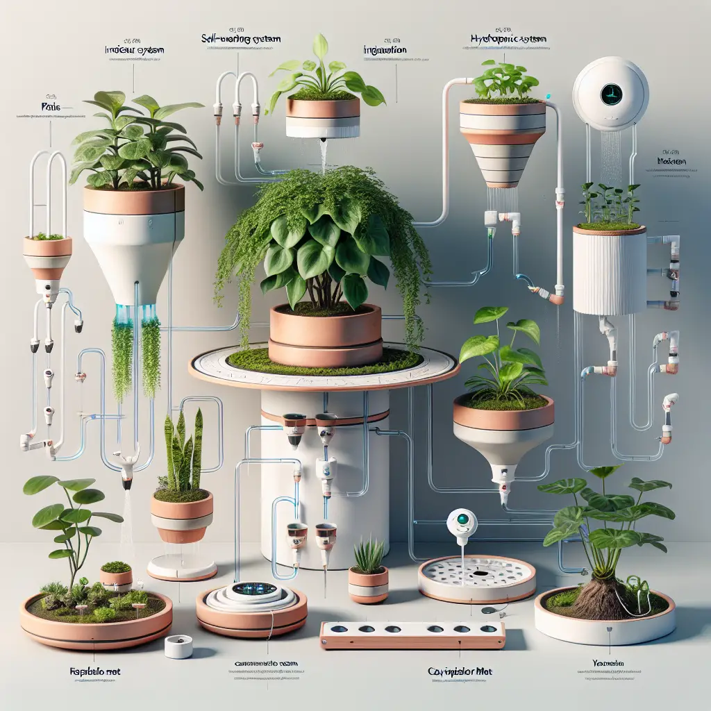 A variety of innovative indoor watering systems uniquely designed for houseplants. The arrangement includes a self-watering wick system using a ceramic cone, an irrigation system with small tubing creeping between plants, and an evaporation system with a humidifying water tray beneath the plants. There is also a capillary mat system that involves a mat soaked in water, a hydroponic system with plant roots directly in the water medium, and the advanced drip feed system with moisture sensors. Everything is well-engineered, without any people, text, brand names, or logos visible in the image.