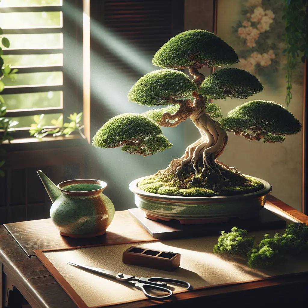 An image showcasing the exquisite sight of an indoor bonsai tree, placed on a wooden table. The bonsai tree exhibits a mixture of vibrant green and calming brown hues, indicating health and well-maintained growth. A pair of bonsai shears and a watering can rest near it, suggesting maintenance activities. The background is decorated with a sunlit window shedding a ray of natural light onto the tree, enhancing its beauty. The overall aesthetic is tranquil and soothing, reflecting the peaceful activity of bonsai care and maintenance.