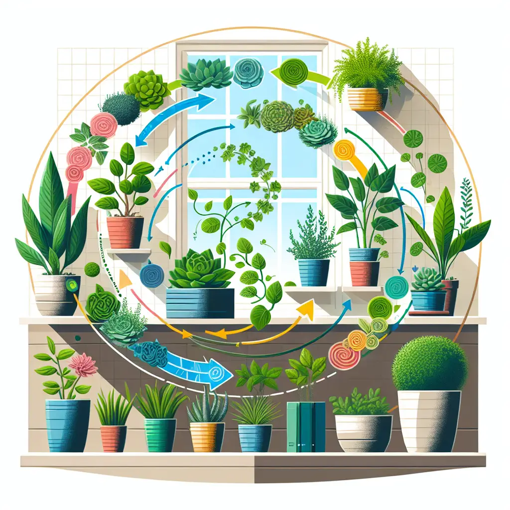 An accurate and colorful illustration depicting the concept of indoor gardening with companion plants. The image displays different types of indoor plants, preferably succulents, herbs, and leafy greens, living harmoniously in a shared indoor space like a windowsill or a glass terrarium. Indicating the interactions through spiraling arrows or similar design elements without using any text. No people, text, or brand logos should be present in the scene. Also, it does not portray any recognizable copyrighted designs.