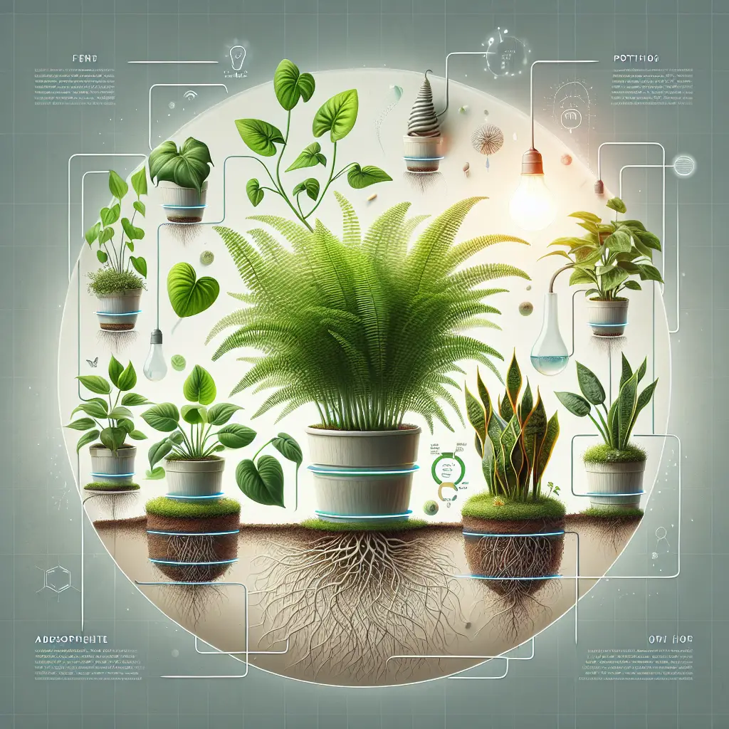An illustrative diagram showcasing the science behind indoor plant growth. The image contains a variety of common indoor plants, such as ferns, snake plants, and pothos, placed in generic, unbranded pots. The image focuses on representing the effect of various environmental factors, like light intensity, water, and temperature. In addition, the roots of a plant can be seen, displaying absorption of nutrients and water from the soil, helpful in plant growth. There is an artificial sunlight source signifying indoor lighting. The overall atmosphere is serene and rich with greenery, with no presence of people or text.