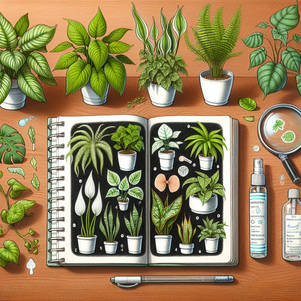 An assemblage of various indoor plants, including ferns, pothos, and snake plants. These plants exhibit distinctive symptoms of allergenic reaction, such as dust accumulation on leaves and faded coloration. In the scene are a magnifying glass resting casually on a hardwood table and a non-branded notebook opened to a page with hand-drawn illustrations of the aforementioned plants, denoting their typical allergy symptoms. A sterile, unbranded atomizer is also visible, giving a hint of a potential method for managing such allergies.
