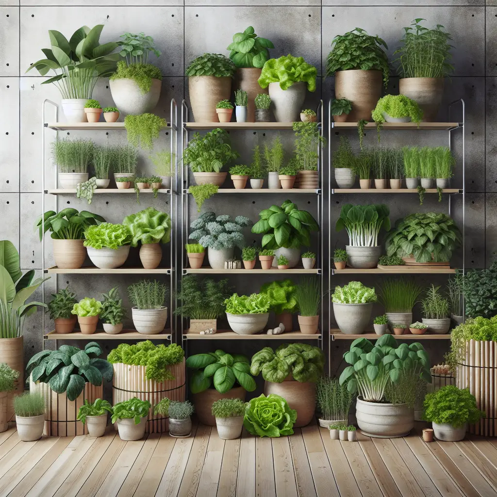 Generate an image showcasing a thriving indoor garden. The garden should be filled with various greens including leafy vegetables like lettuce, spinach, and cabbage, plus herbs such as basil, rosemary, and thyme. Ensure the vegetables and herbs are planted in neutral-colored pots. Show multiple tiers of shelving to represent efficient use of space. Do not include people, text, brand names, or logos. The image should convey the idea of an edible garden and display overall aesthetic appeal.