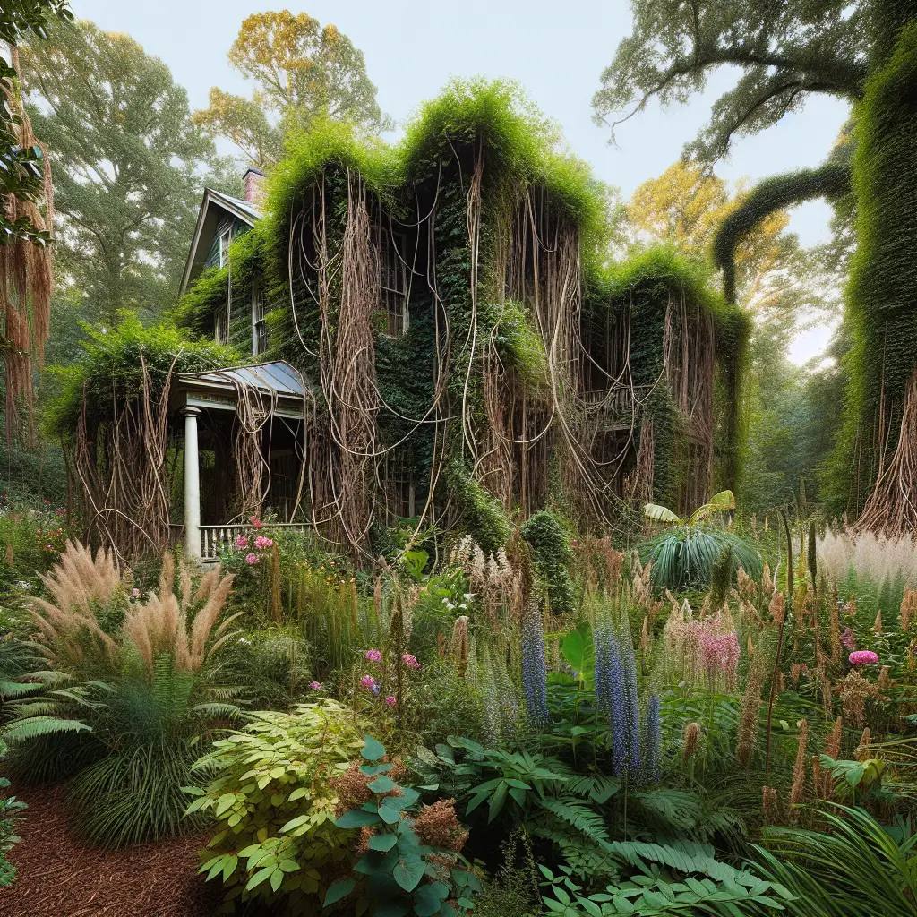 A garden scene in Alabama depicting invasive plants that are commonly found in the area. The image should include several types of these plants such as kudzu, Japanese honeysuckle, and cogongrass taking over a once-thriving garden. The garden should look overrun with these unwelcome plants, showing the plants creepily intertwined with native trees and flowers. Focus on showcasing the intrusive nature of these plants without any human presence felt. Please ensure there are no text elements, brand names, or logos within the image.