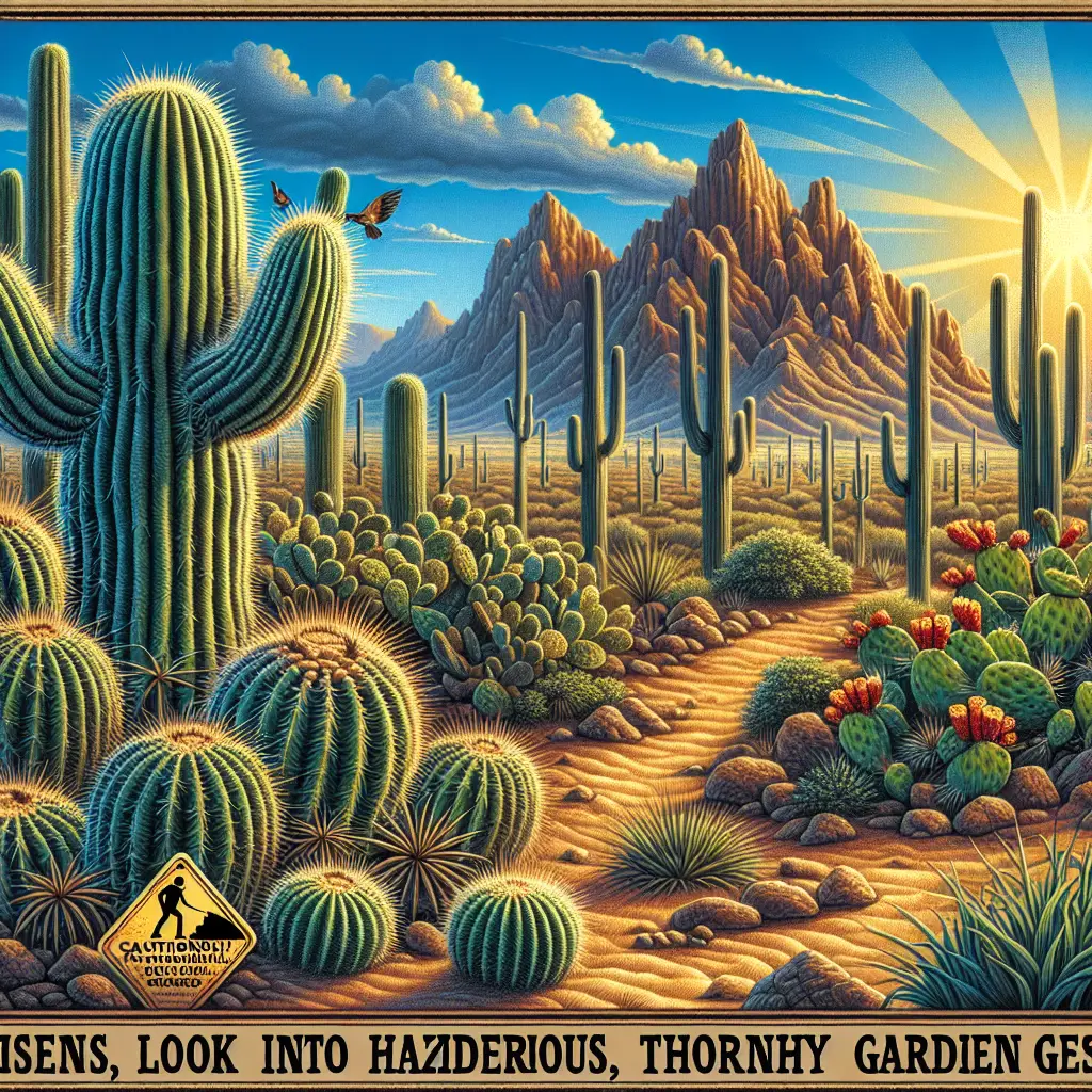 A diligent look into Arizona's unique desert environment. The main theme of the image will be hazardous, thorny garden guests. Include cacti of various shapes, sizes, and species, standing prominently amidst the rough sandy terrain under azure skies. Display caution signs symbolizing the need to avoid these prickly guests. Keep in mind the inclusion of some desert wildlife like lizards or desert birds perched on or hovering around the daunting cacti. Also, for context, represent in the backdrop a fading sun, setting behind the magnificent rocky desert peaks. Ensure no people, logos, brand names, or text are within this painted landscape.