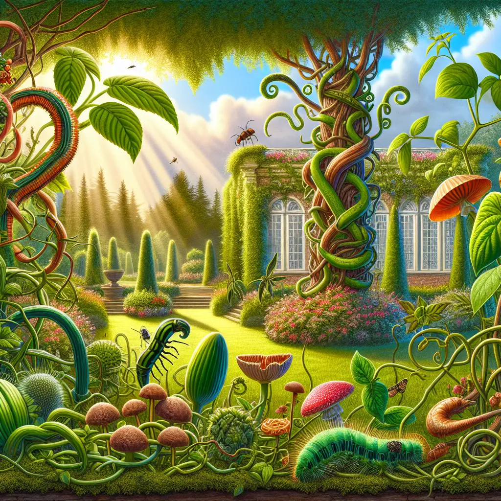 An illustrative representation of sneaky garden invaders typical to Arkansas. The image showcases different varieties of invasive plant species subtly beginning to overtake a beautifully maintained garden. These 'invaders' are subtly spreading throughout the garden, showing their robust and invasive nature. The plants' vibrant hues of green and other colors contrast sharply with the tranquil backdrop of the ornate garden. Include a morning sunshine seeping through the foliage creating an enchanting atmosphere but hint at the looming 'invasion'. Neither people nor brand names or logos should be included in the image.