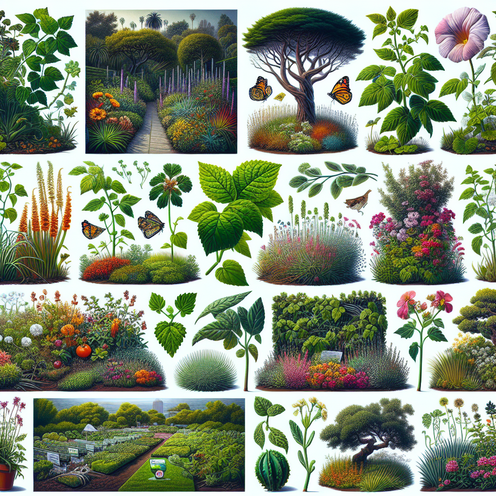 A selection of different invasive and harmful plants that are prevalent in California's gardens. Show a variety of these problematic species arranged in an aesthetically pleasing but alarmingly impactful manner. Elements to include can be leafy vines choking out a native tree, fast-spreading ground cover smothering a flower bed, or robust, aggressive shrubs taking over a manicured lawn. All these plants should be depicted in crisp, vibrant detail to highlight their intrusive and pervasive nature. Ensure that there are no people, text, brand names, logos included in the visual representation.