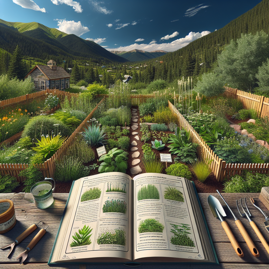A detailed aerial view of a lush green garden located in the picturesque Colorado landscape under a clear, brilliant sky. The garden is densely filled with a variety of native plants, while a few unwelcome ones are clearly separated by wooden barriers. An open book provides information about these problematic plants without displaying any text or brand names. Gardening tools like a shovel, a trowel, and a pair of gloves, also void of brand names, lay scattered on the pathway through the garden, indicating a recent or ongoing gardening effort. The garden has no people, promoting a serene atmosphere.