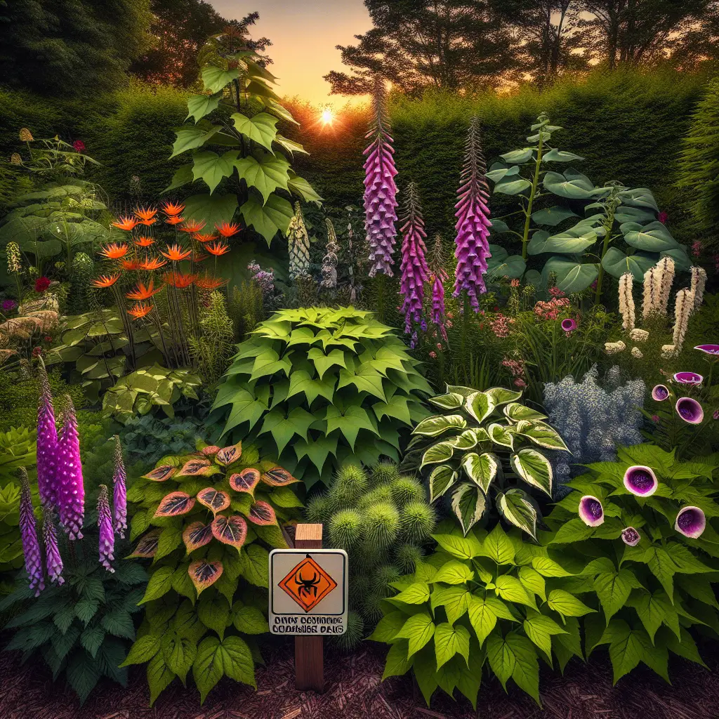 A lush garden scene in Connecticut. Various plants are arranged in a seemingly innocent setting; however, their inherent dangers are subtly revealed through symbolic elements such as pointed leaves or vibrant, warning colours. Among them are poison ivy with distinctive clusters of three leaves, giant hogweed towering over its neighbors with white flower umbels, and foxglove with its bell-shaped purple flowers. A hidden signpost with generic, unbranded icons indicates the cautionary nature of these plants, advising unseen visitors to keep their distance. The tranquility of the sunset in the background contrasts with the peril hidden within the flora.