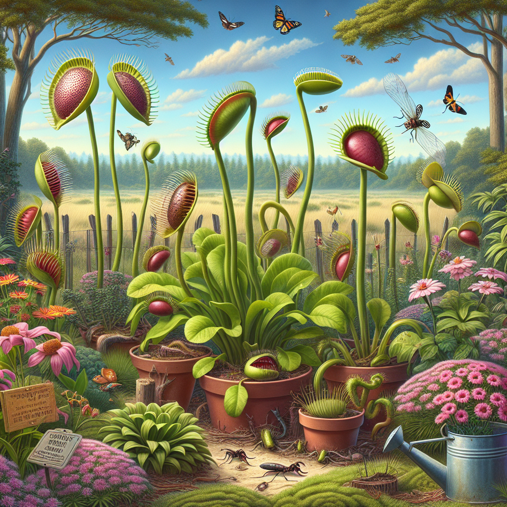 An image depicting a scenario that takes place in a typical garden in Delaware. In this garden, various native deceptive plants are prominently shown. These plants include Venus Flytraps, Sundews, and Pitcher Plants. These carnivorous plants have lured an assortment of unfortunate insects into their traps. Although there are no humans in the image, signs of their presence, such as a watering can and a gardening hat, are seen. Make the overall ambiance feel serene but charged with the undercurrent of nature's hidden deception. Remember, no text or brand logos are to be included in this imagery.