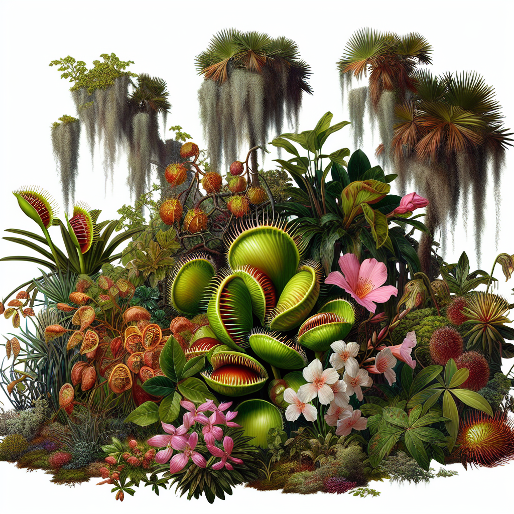 A rich and colorful representation of Florida's diverse and often treacherous plant life, excluding any human presence. The image should focus on an expansive and tangled patch of flora, manifesting its own ecosystem. Integrate a collection of vivid and striking plants, each exhibiting unique qualities. There's a smattering of carnivorous plants, like the Venus flytrap, with wide open traps ready to catch insects, and Poison Ivy, recognized by their clusters of three slick, almond-shaped leaves, which are a deep green. Also present are Spanish moss, hanging languidly from an old, stoic oak, and a stately, yet deceptive, oleander bush with pink and white blossoms. Emphasize the beauty but also the inherent danger each plant possesses.