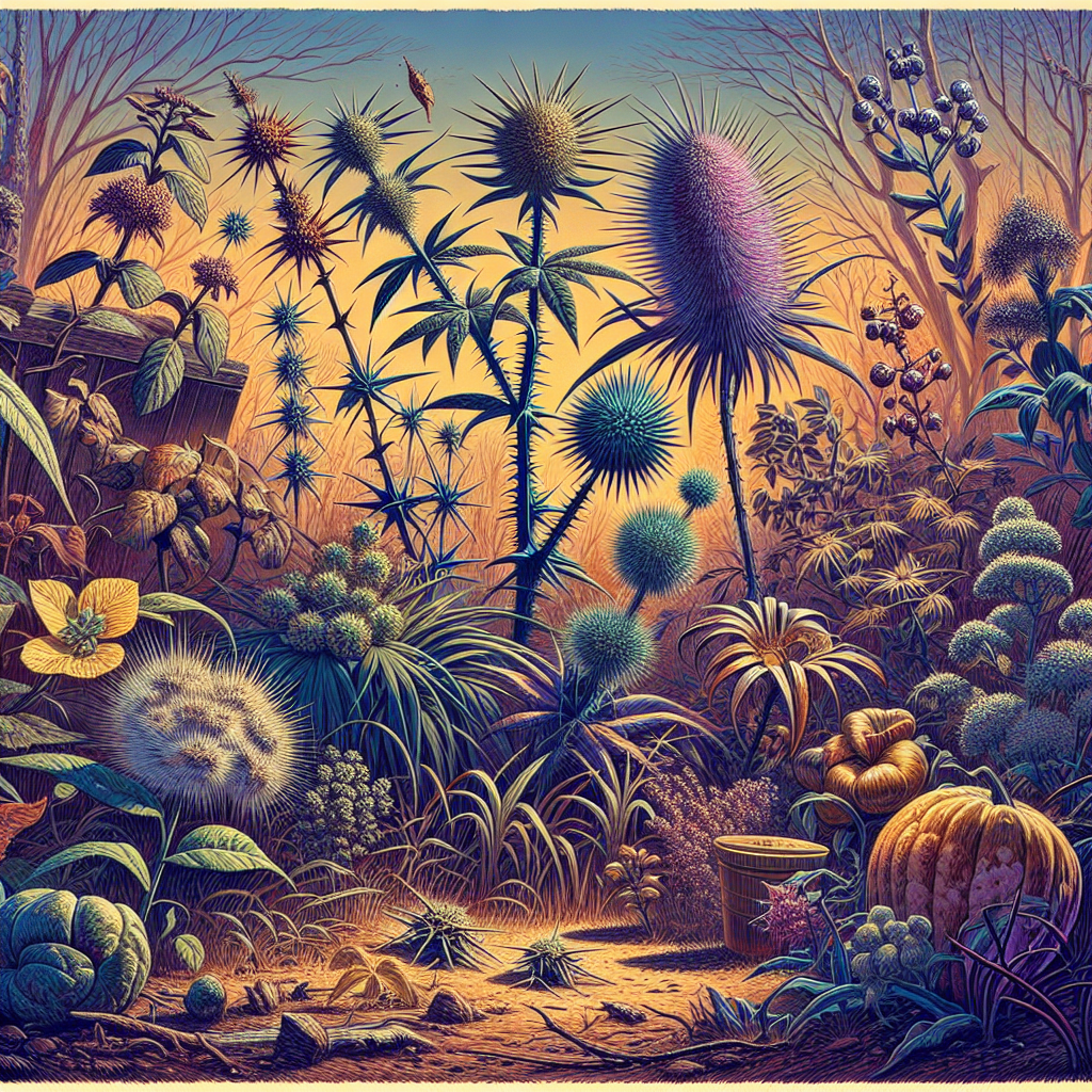 An image highlighting Georgia's most troublesome garden plants. Illustrated in the scene is a variety of adverse plants, native to Georgia, that gardeners are commonly advised to avoid. Each plant displays distinct characteristics - prickly thorns, invasive roots, and poisonous berries, among others. They coexists in a chaotic, overgrown garden setting, their ominous presence casting a quiet menace over the locale. The colors of the image lean into warm, earthy tones, under the direct, glaring sunlight. The garden is unattended, highlighting the uncontrollable nature of these plants when left unchecked.