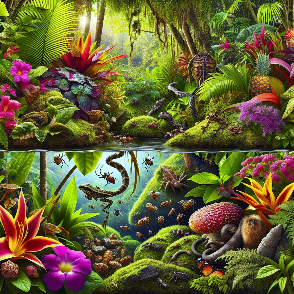 An array of vivid images that exemplify the hidden dangers in Hawaiian gardens. The image should depict a vibrant lush tropical garden on one side of the scene with beautiful flora native to Hawaii but also subtly include scenes of danger such as a subtly camouflaged poisonous frog near a leaf, a hive of stinging insects hidden in a flowering bush, jagged rocks hidden under the moss, and perhaps a venomous snake concealed in the tall grass. The image should convey the idea of beauty hiding potential risks without any text, brand names or logos and excluding any human presence.