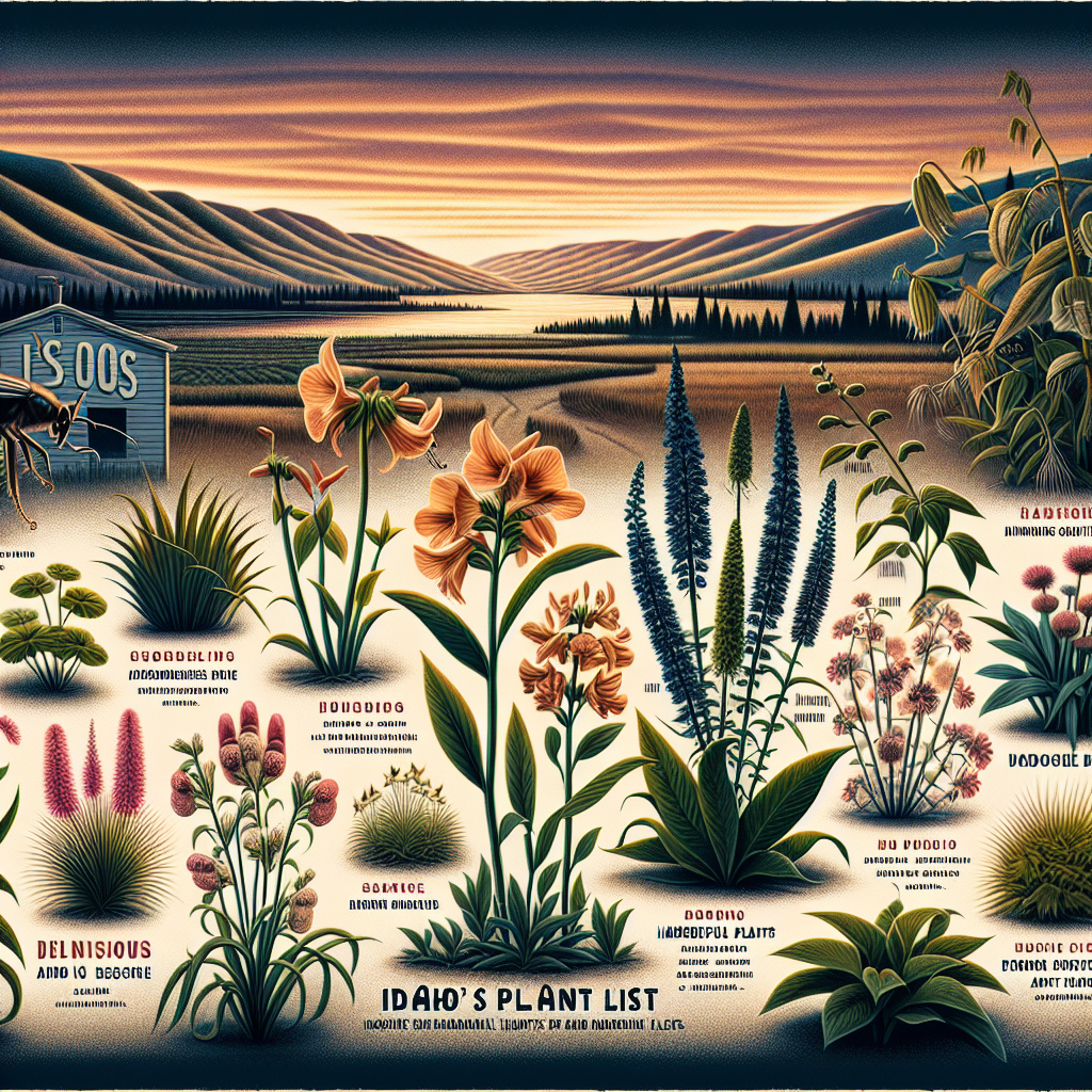 An illustration showcasing various garden threats in Idaho. The artwork includes invasive and harmful plants from Idaho's plant list. The foreground features detailed images of a few harmful plants, displaying the easy-to-recognize characteristics of each one. The image's background depicts an Idaho landscape, with its rolling hills and broad skies. The time of day is evening, giving a warm, twilight-hued backdrop to the pernicious plants. The image doesn't have any textual elements or human figures. Many of the plants are detailed enough for a knowledgeable viewer to identify them. Avoid brand names or logos in the image.