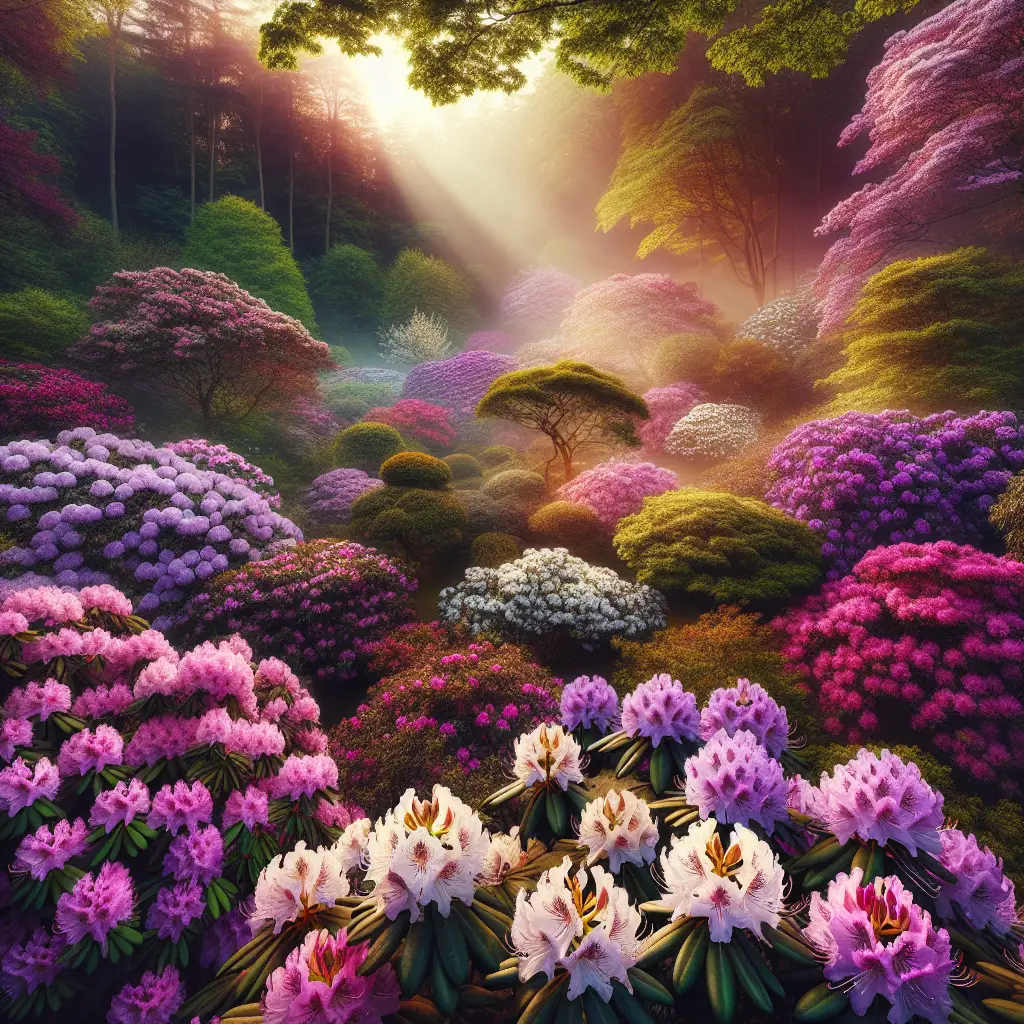 A lush landscape highlighted by vibrant Rhododendron bushes blooming in various shades of pink, purple, and white. Indicating ideal Rhododendron care, each bush is in full bloom, showcasing their abundant bell-shaped flowers. The background reveals a mixture of other deciduous and evergreen trees, aiding in providing the Rhododendrons with partial shade. Sunlight streams through openings in the canopy, casting a soft, warm glow over the whole scene. The diversity of plant life demonstrates a well-maintained and lovingly cared for garden, devoid of human presence, text, and brand names.
