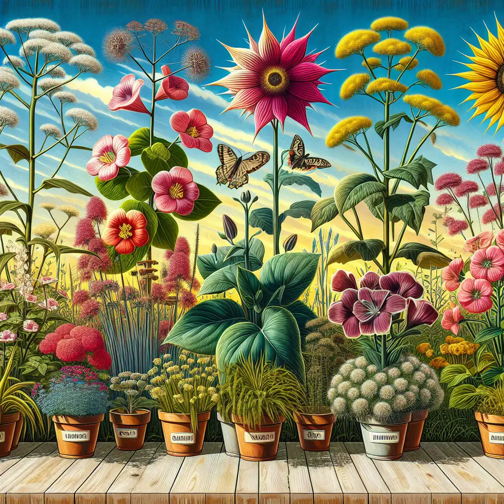 A beautifully designed hybrid of an informational and botanical image showcasing garden plants that are commonly found in Illinois but can be misleading for novice gardeners. The scene is set outdoors, under a clear sunny day. Center the image around colorful illustrations of three to four such plants, each plant is differently colored to make them distinguishable. Each plant illustrates misleading aspects, showing blooming flowers while subtly hinting at its dangerous thorns or dense roots that can take over a garden if not carefully managed. Emphasize clarity and detail while maintaining a natural aesthetic. Don't include any brand names, logos, text, or people in the image.