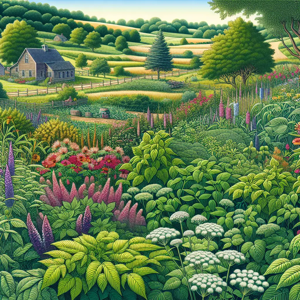 A rural landscape featuring the lush greenery of a typical Iowa garden, with all its unseen dangers. Illustrate a variety of plants found in such gardens, including potentially dangerous ones like poison ivy, stinging nettles, and thorny bushes. The image should encompass both beauty and risk, showcasing a mix of vibrant flowers, dense foliage, and potential hazards, all without a human figure in sight. There should be no text or branding present in the image, purely a depiction of Iowa's garden dangers.