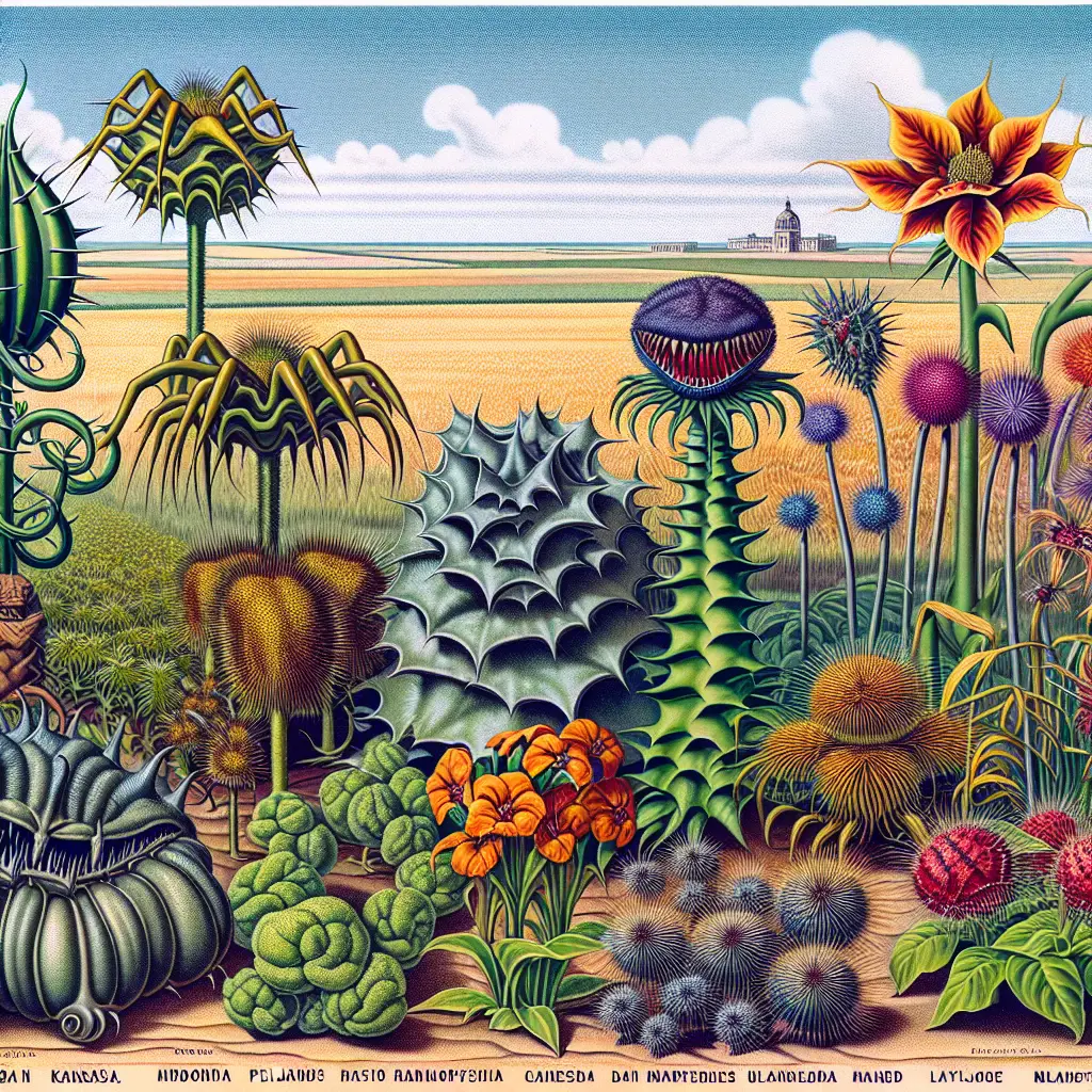 An illustrated image showcasing a variety of menacing-looking plants in a Kansas's garden. Some plants should have sharp thorns, others intense, vivid colors suggesting their toxicity. The garden includes plants of different sizes and structures, some looming large and intimidating, others low and creeping but equally menacing. In the background, the flat Kansas landscape is visible, characterized by vast open fields and a clear, blue sky. There's no mention of any brand names or logos, and no people are present. Everything is natural and realistic.