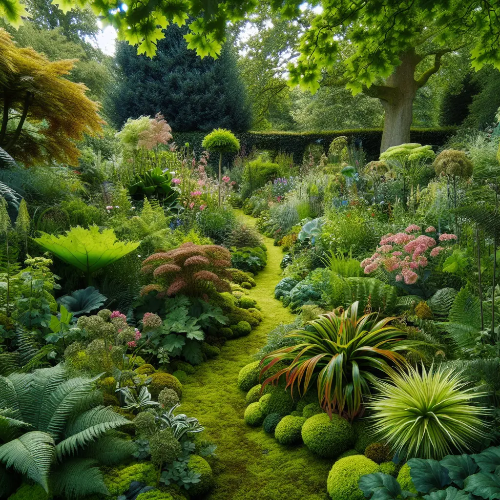 An image capturing a Kentucky garden's essence with problematic plants. There should be a wide variety of verdant vegetation, with some plants showing signs of disease or pest infestation, like discolored leaves or chewed edges. The garden should be a harmonious blend of flourishing and distressed plants, without any text, people, brand names or logos. The atmosphere should be serene but tinged with the subtle signs of problem plants, such as wilted flowers or drooping leaves. The image should be rich in detail, focusing on the natural beauty of the garden, even in its distressed state.