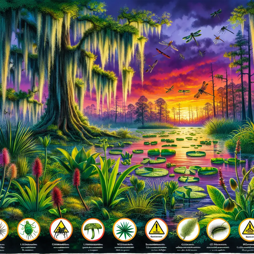 A vivid depiction of a Louisiana swamp at sunset, highlighting a selection of indigenous plants known for their harmful characteristics. Illustrate the dangerous plants with caution symbols without any text. Capture the intense greenery of the swamp, the murky water, and an ominous tree with moss hanging down. The sky is filled with hues of deep orange, purple, and fading blue. Around, there are dragonflies hovering over the water surface. You can see cypress trees in the background alongside other flora of the region. The foreground should have the dangerous plants spread evenly, each with their distinct features that make them identifiable.