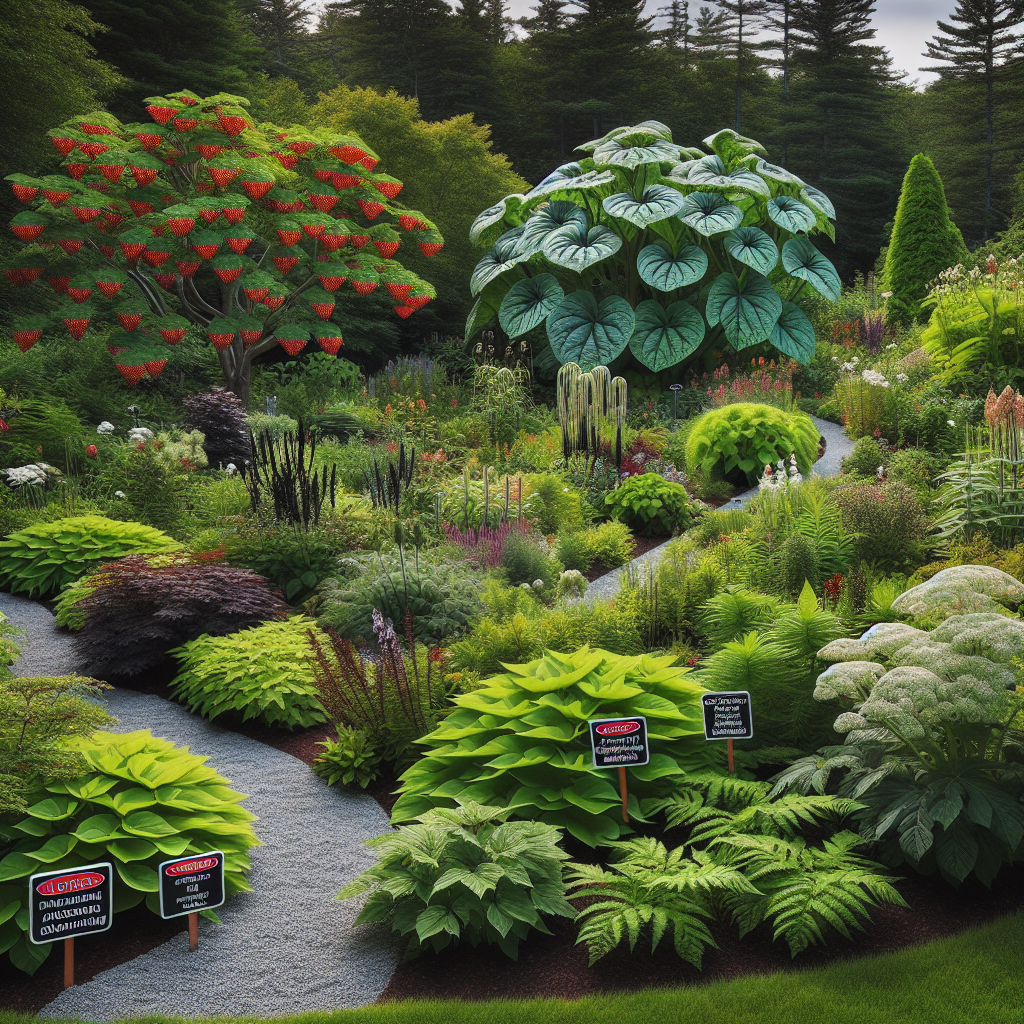 An expanse of lush garden in the serene state of Maine. Dominating the landscape are various plant species, some stunning yet potentially harmful, signalling their threats to garden enthusiasts. On one side, a cherry-like plant with small, red berries indicating the toxic nightshade. Nearby, a plant vilified for its invasiveness, Japanese Barberry, with its small, elliptic, and shiny leaves. Featured prominently, a towering giant hogweed with white flower heads, concealing its hazardous sap beneath an attractive facade. The garden path, winding and pebbled, offers a viewer's guide to the dangers delicately meshed in the beautiful garden tapestry.