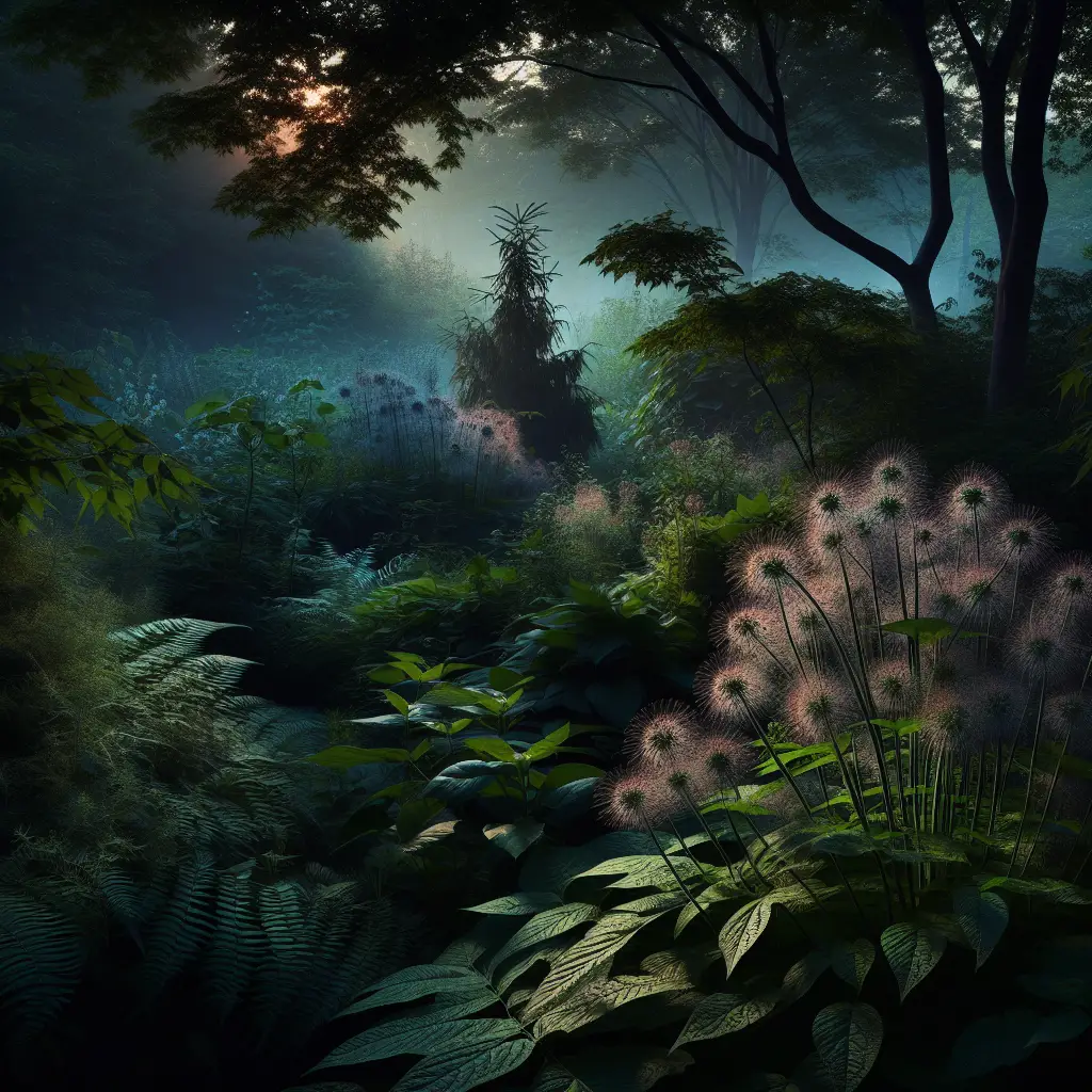 An exploratory visual representation of stealthy garden plants from Maryland. The scene captures a lush garden with diverse fauna native to the region, like the Jewelweed, and the Mimosa Pudica, also known as the 'shy plant'. These plants are known for their unique behaviors such as quickly wilting or changing their form when touched, essentially 'hiding' in plain sight. To emphasize their elusive nature, the scene is doused in twilight hues, casting long, mysterious shadows across the foliage. Note that there are no people, textual inscriptions, or brand logos in this image.