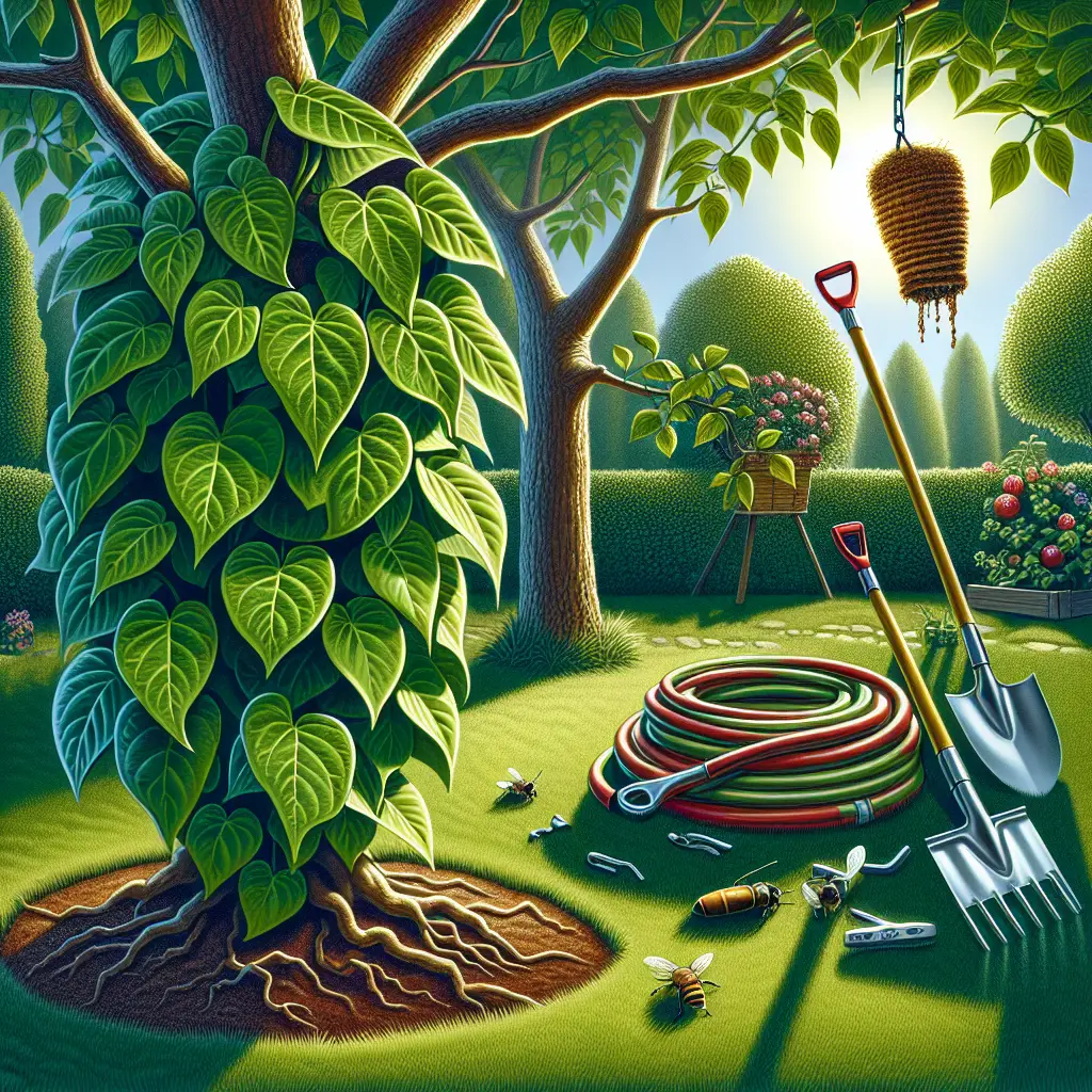 An illustration for an article titled 'Unseen Garden Dangers'. The setting is a typical lush green garden in Massachusetts, exclusively focussed on the potential hazards. A rich cluster of poison ivy is dominating in the foreground with its distinct glossy leaves. On the side, a misattended bee hive hanging from an apple tree is depicted, indicating the potential risk from insects. A visibly jagged and broken garden tool stands half-buried, symbolizing hidden dangers. A sun-baked plastic garden hose is shown curled up, hinting at the risk of toxic substances. No text, branding, logos, or people are included in the image
